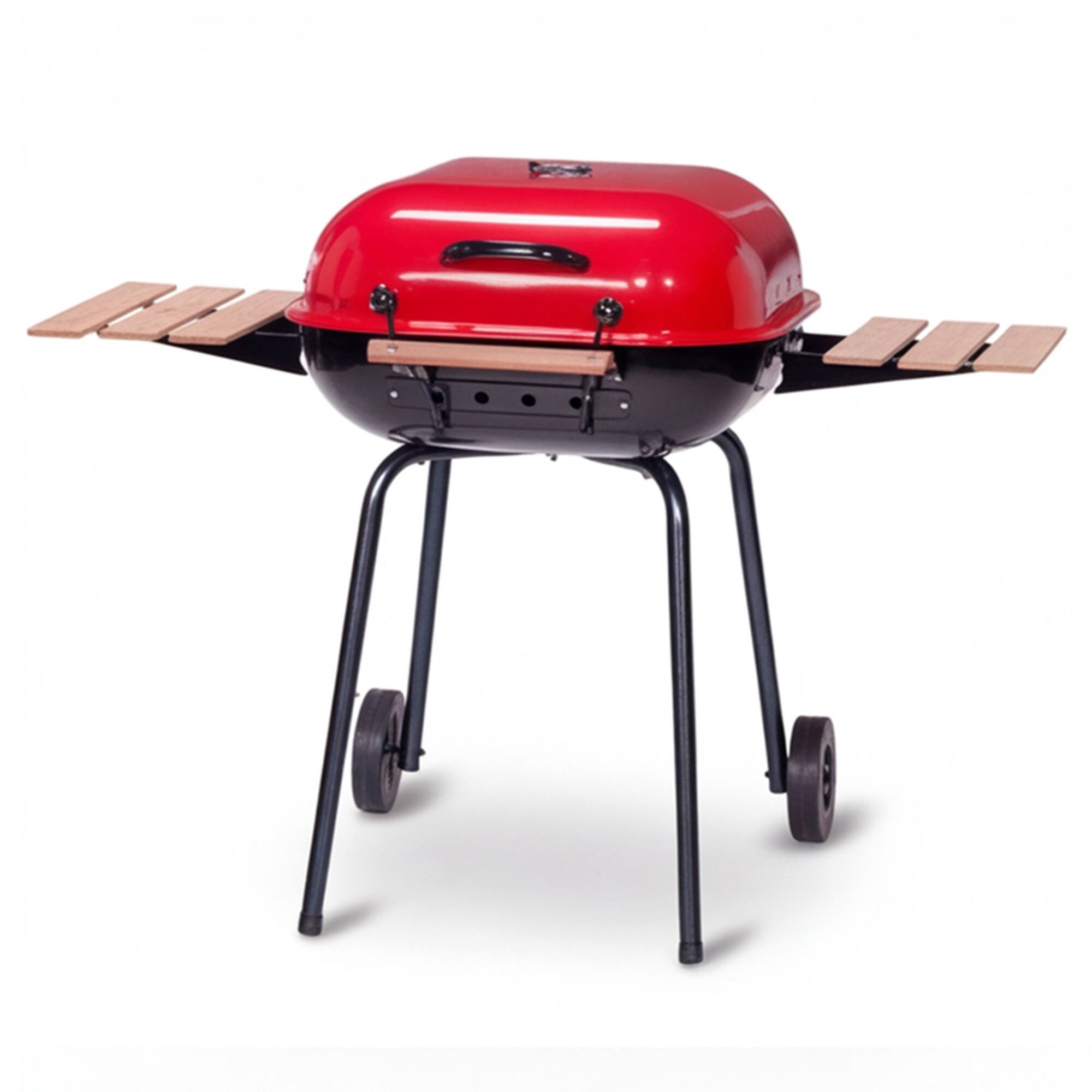 Front. Americana Grills - Americana The Swinger Portable Charcoal BBQ Grill with Two Side Tables, Red.