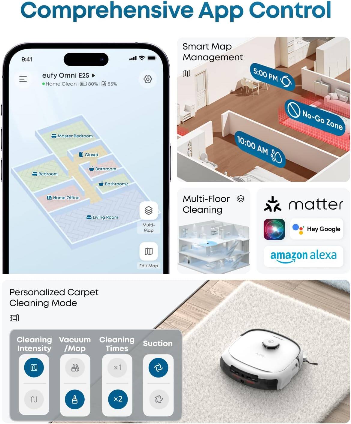 Comprehensive App Control

eufy Omni E25  
Home Clean  
80% 85%

Smart Map Management  
5:00 PM  
10:00 AM  
No-Go Zone

Multi-Floor Cleaning

Personalized Carpet Cleaning Mode  
Cleaning Intensity  
Vacuum / Mop  
Cleaning Times  
Suction Intensity

Multi-Map  
Edit Map

matter  
Hey Google  
amazon alexa