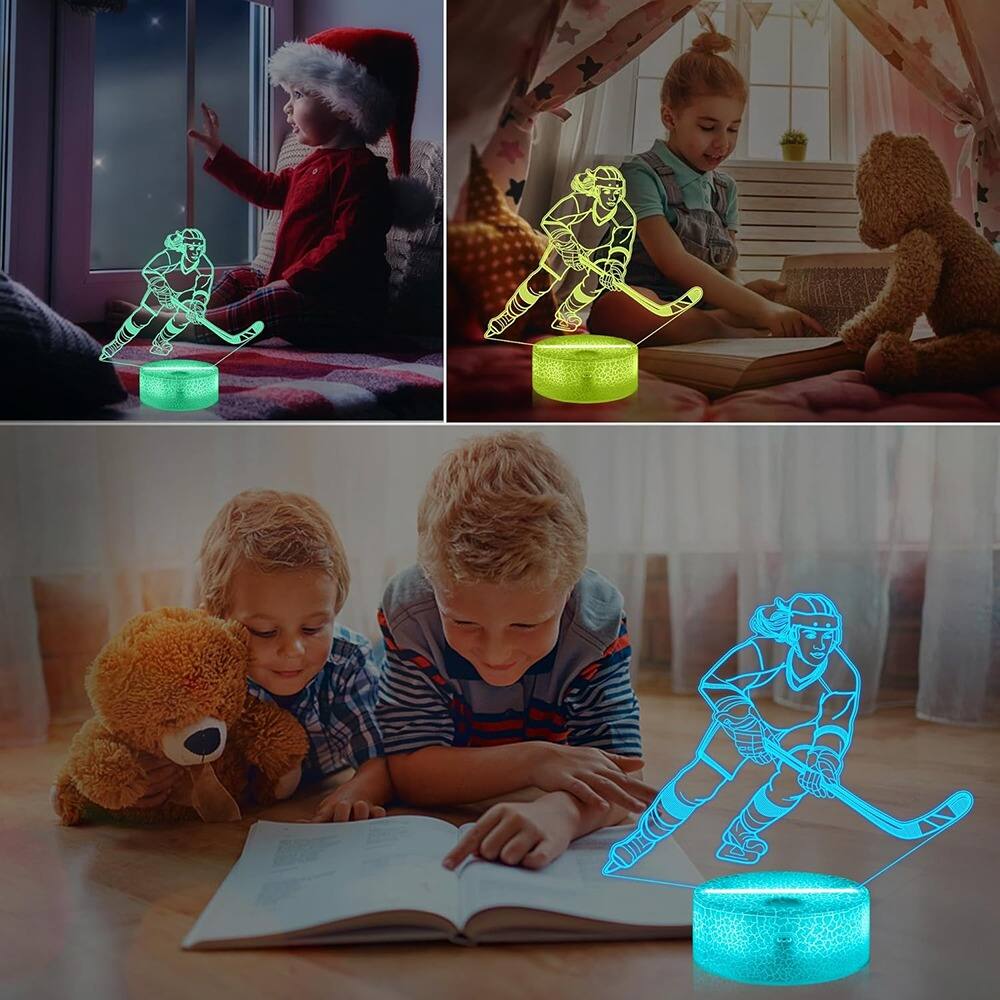 Left. ACJPR - Ice Hockey Player 3D Night Light – 16-Color Changing LED Illusion Desk Lamp for Kids, Teens, and Gifts.