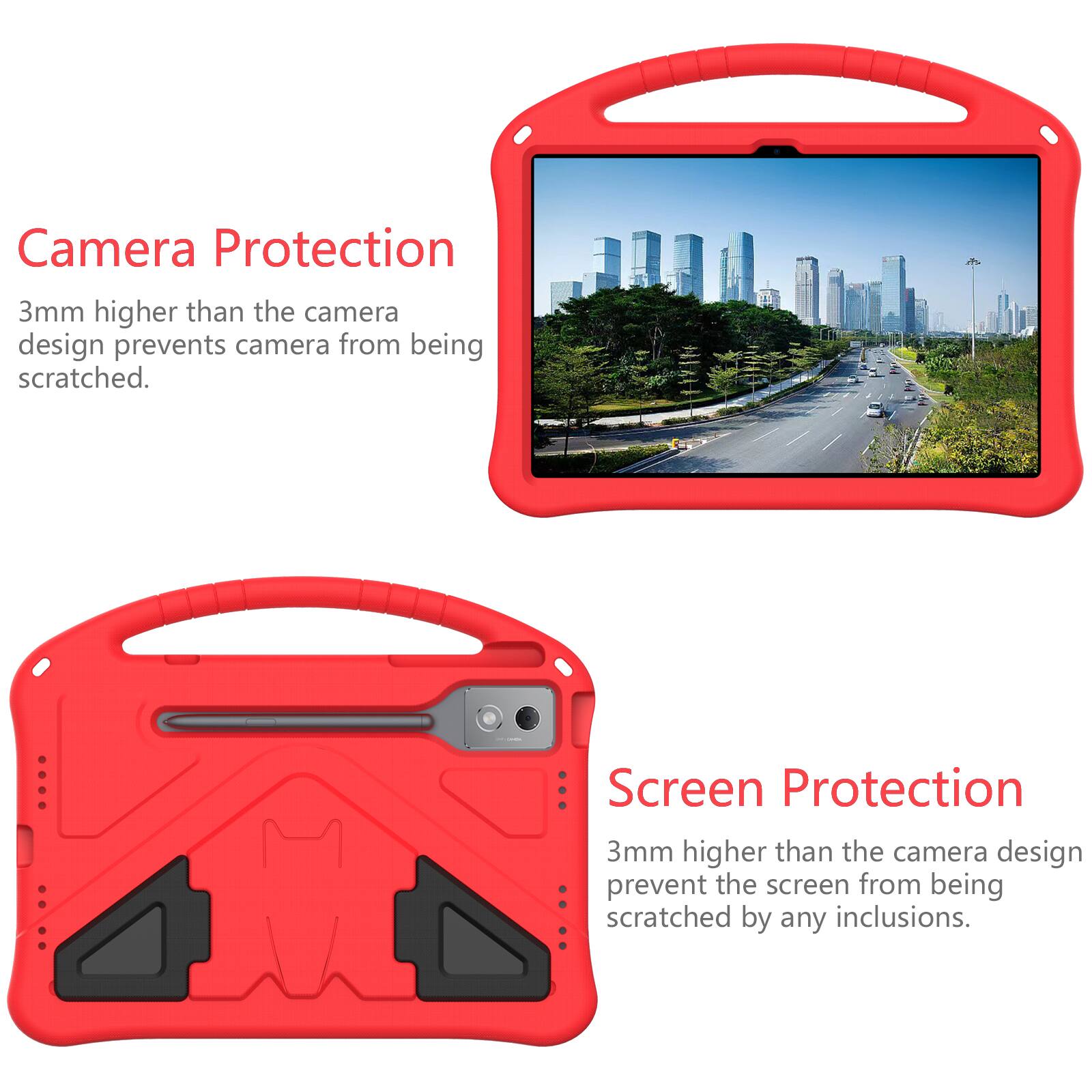 Camera Protection  
3mm higher than the camera design prevents camera from being scratched.  

Screen Protection  
3mm higher than the camera design prevent the screen from being scratched by any inclusions.
