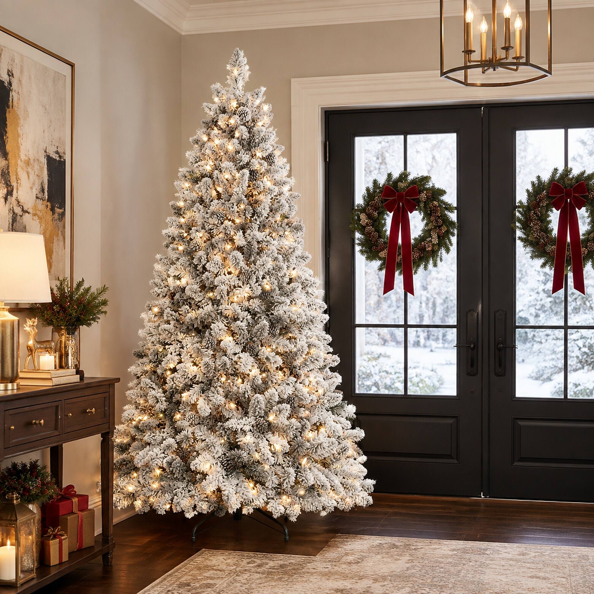 Alt View 2. RYHNUYNE - 9FT Flocked Pre-Lit Christmas Tree With 750 Lights and 63 Pine Cones, 2095 Snowy Tips and Metal Stand - Green,White.