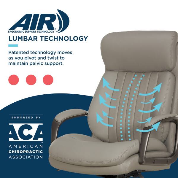 AIR  
ERGONOMIC SUPPORT TECHNOLOGY  

LUMBAR TECHNOLOGY  
Patented technology moves as you pivot and twist to maintain pelvic support.  

ENDORSED BY  
ACA  
AMERICAN CHIROPRACTIC ASSOCIATION