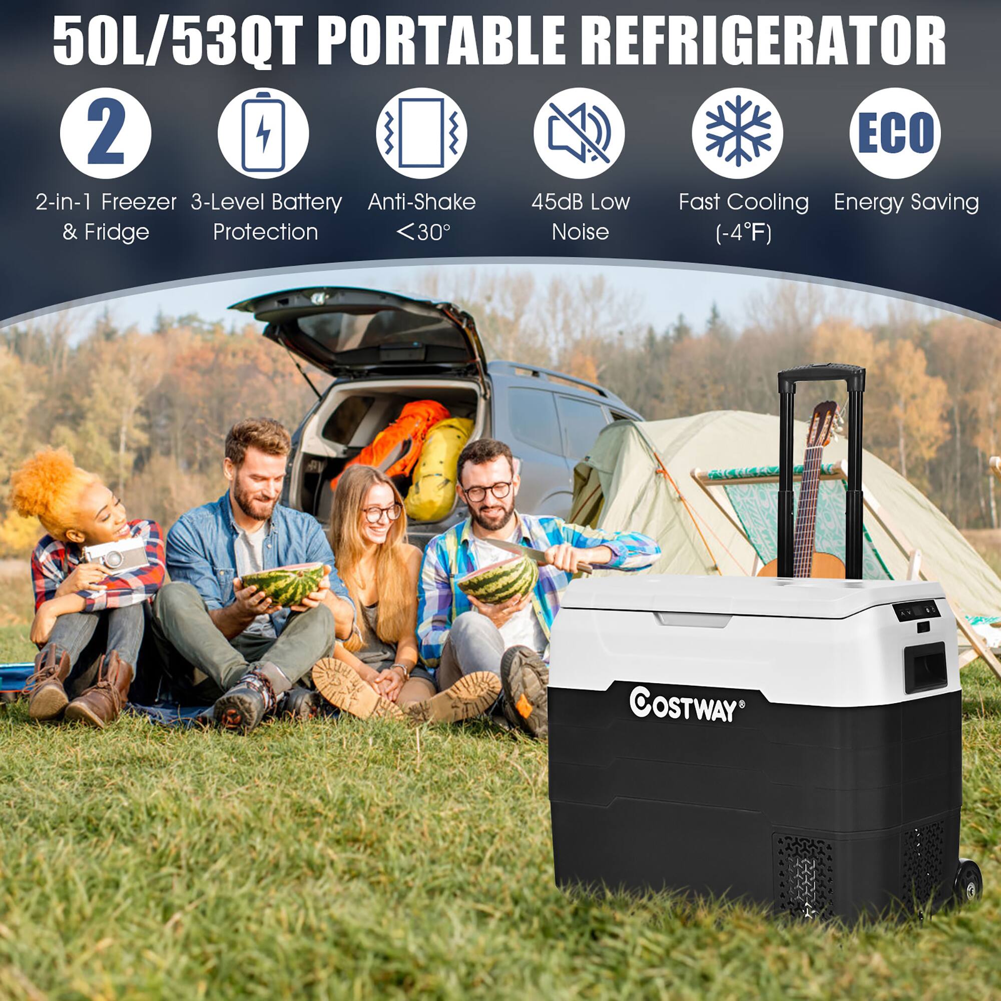 50L/53QT Portable Refrigerator: 2-in-1 Freezer, 3-Level Battery, Anti-Shake, 45dB Low Noise, Fast Cooling, Energy Saving, Fridge Protection <30°C, Costway.