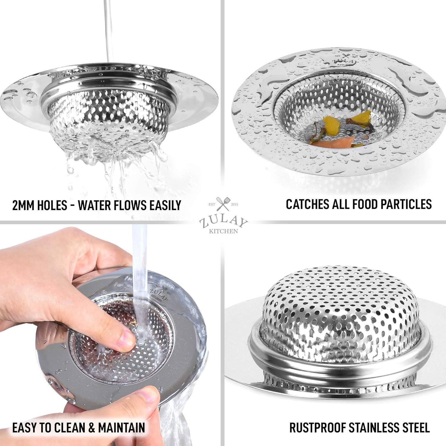 Back. Zulay Kitchen - Zulay Kitchen Sink Drain Strainer (2 Pack) - Wide Rim 4.5” Diameter Stainless Steel Sink Strainer - Silver.