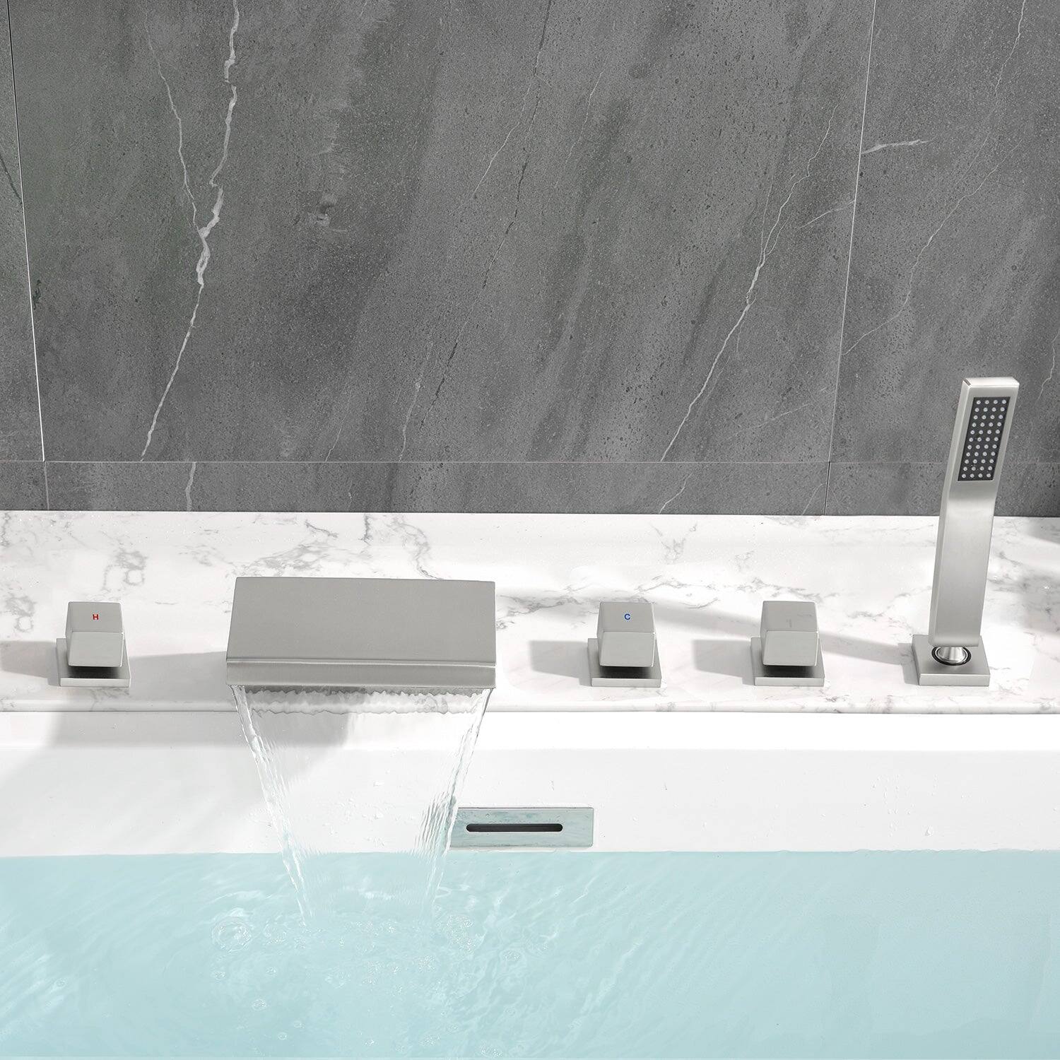 Alt View 4. Boyel Living - Brushed Nickel Polygonal Cold and Hot Water Bathtub Faucet with Handheld Shower Waterfall Outlet Five Hole Installation - Brushed Nickel.