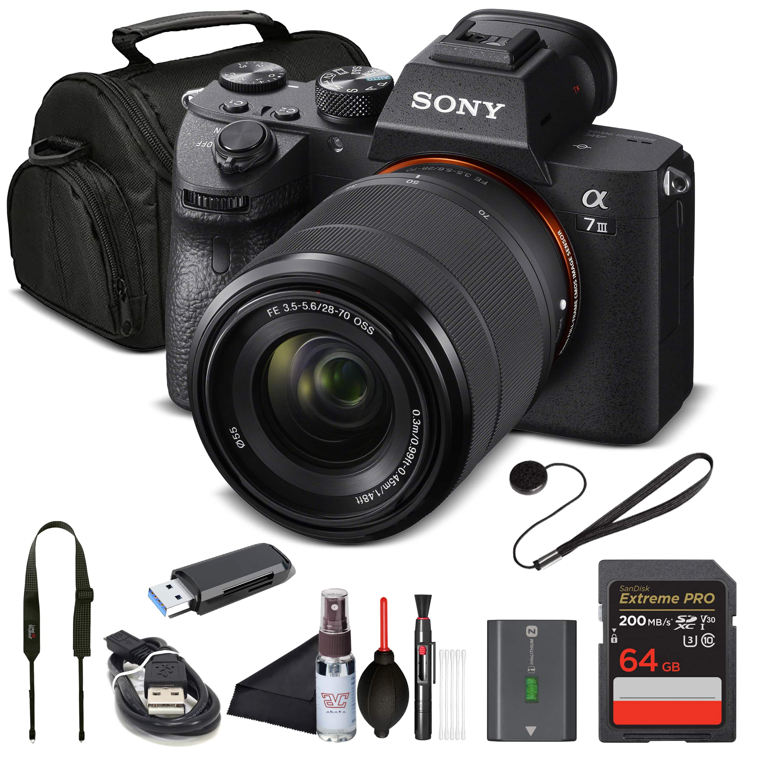 Bundle - Sony - Alpha a7 III Mirrorless Camera with 28-70mm Lens ILCE7M3K/B with Soft Bag, 64GB Memory Card, Card Reader, Plus Esse - Black