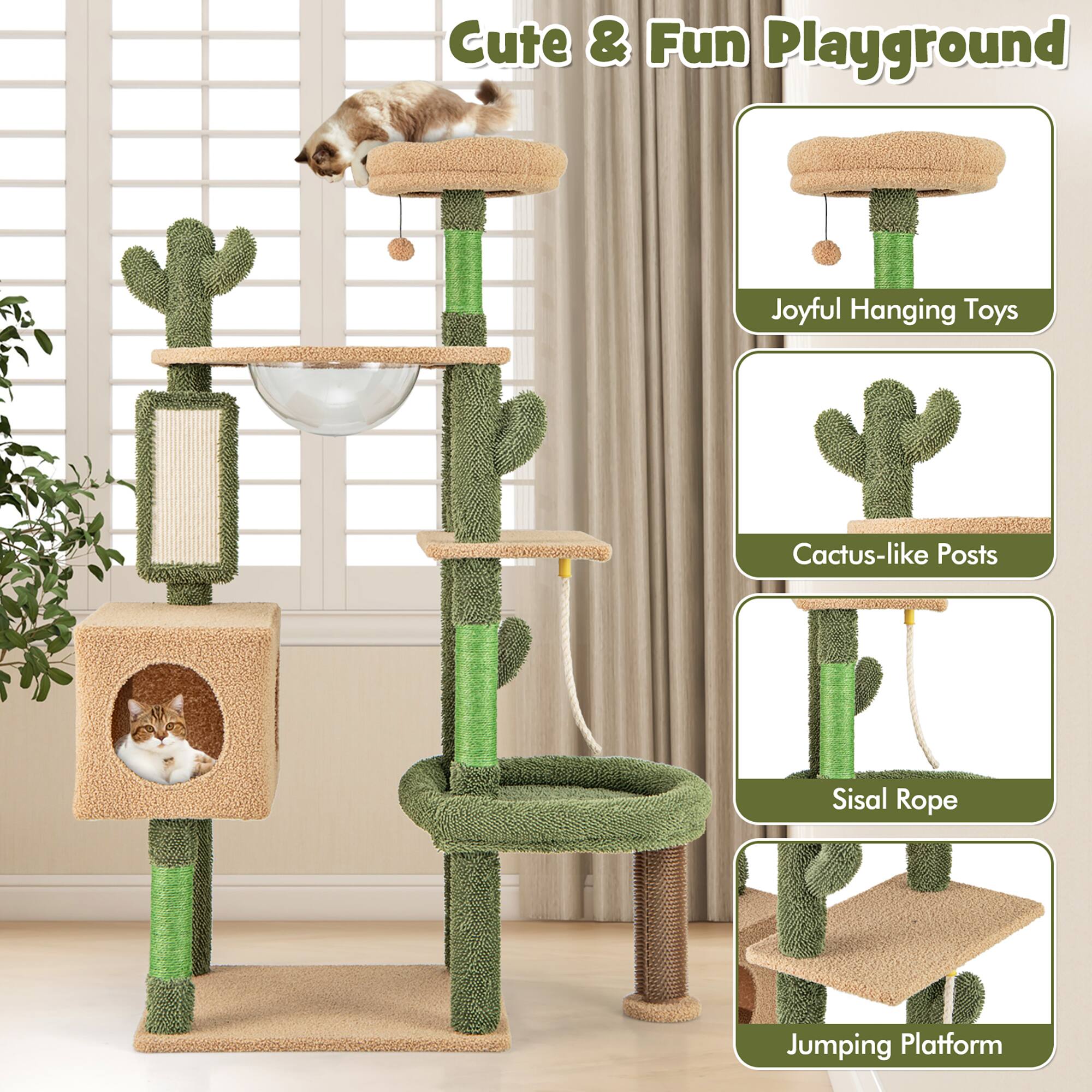 Cute & Fun Playground

- Joyful Hanging Toys
- Cactus-like Posts
- Sisal Rope
- Jumping Platform