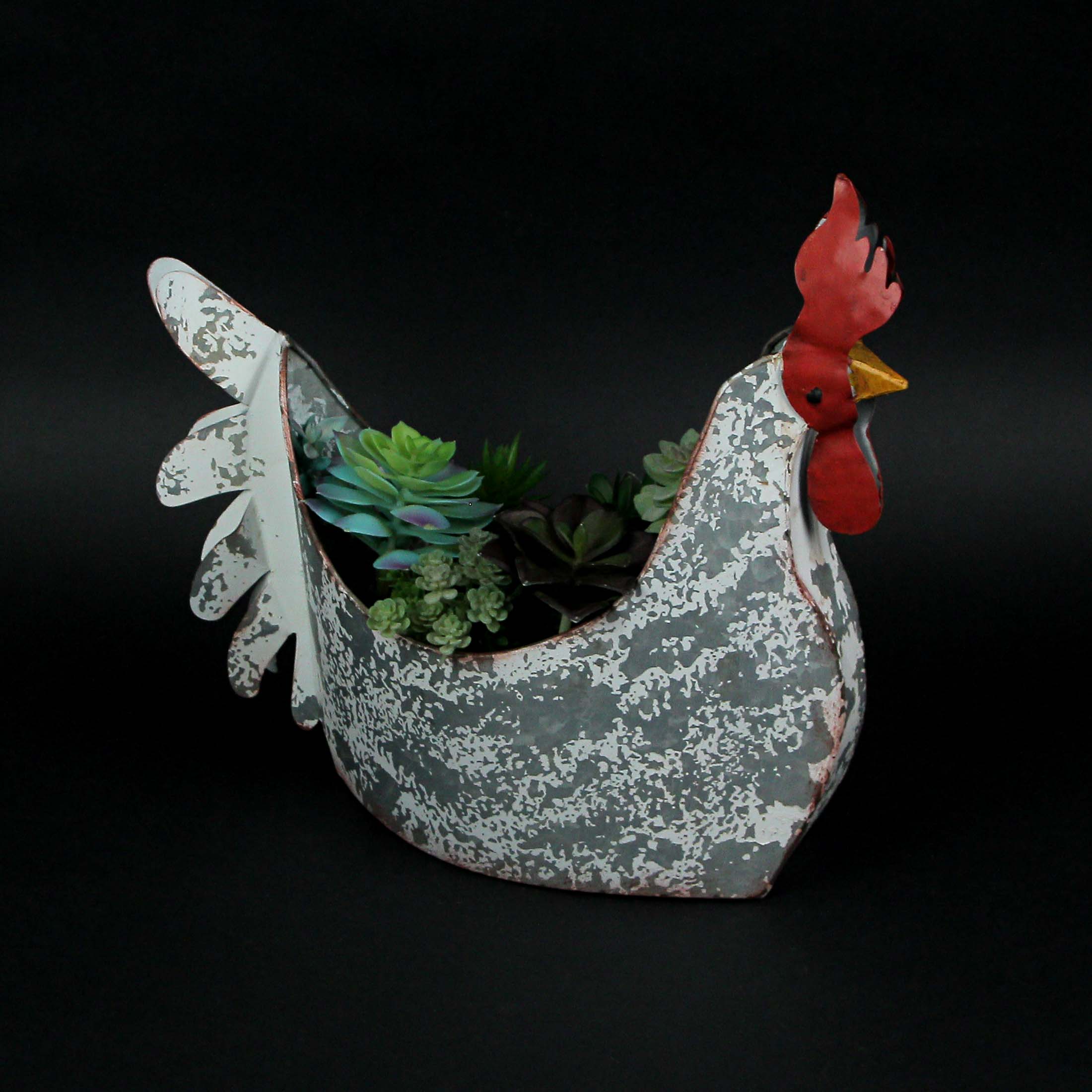 Alt View 2. Zeckos - Weathered White Galvanized Metal Rooster Planter - Farmhouse Garden Decor - Silver.