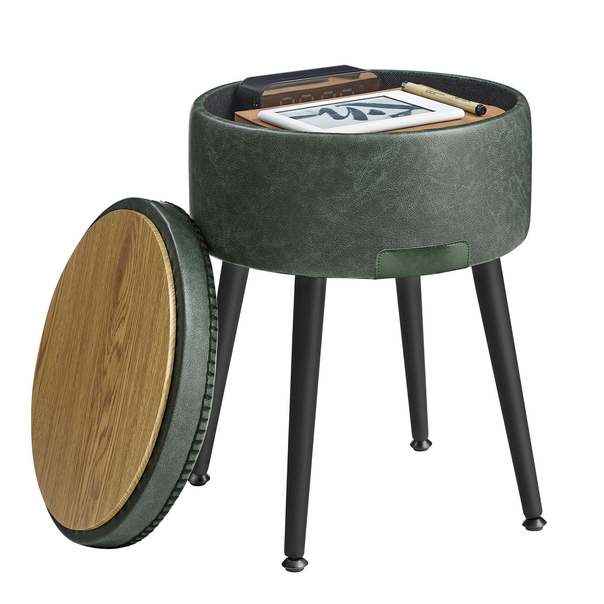 JETRANSPORT - Ekho Collection Storage Ottoman Vanity Chair Stool Synthetic Leather Stitching Mid-century Modern Round - Forest Green