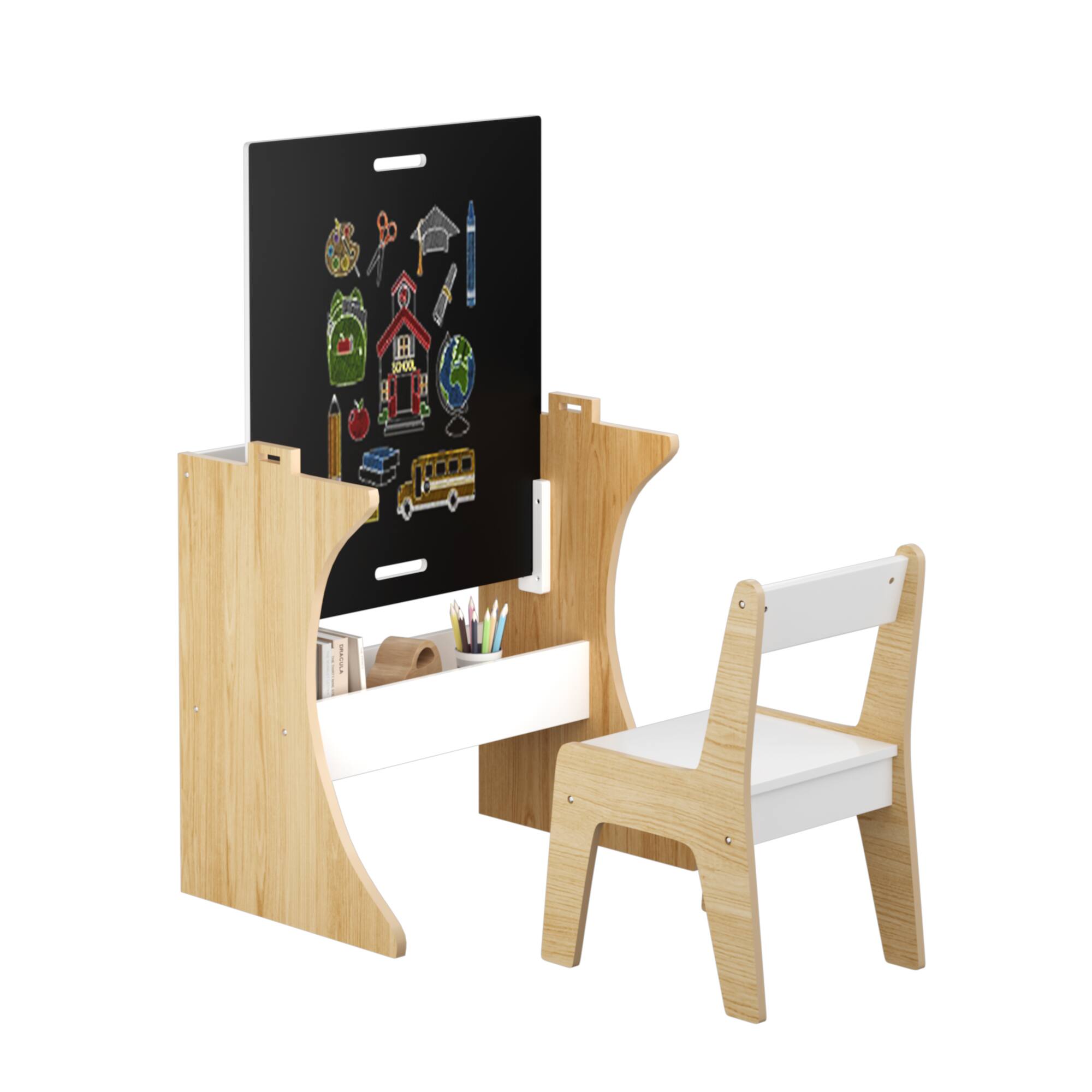 Alt View 9. Tiramisubest - Kids Table Set with Chair,Multifunctional Wooden Children Study Table-Convertible Tabletop for Drawing & Play,Natural - White.