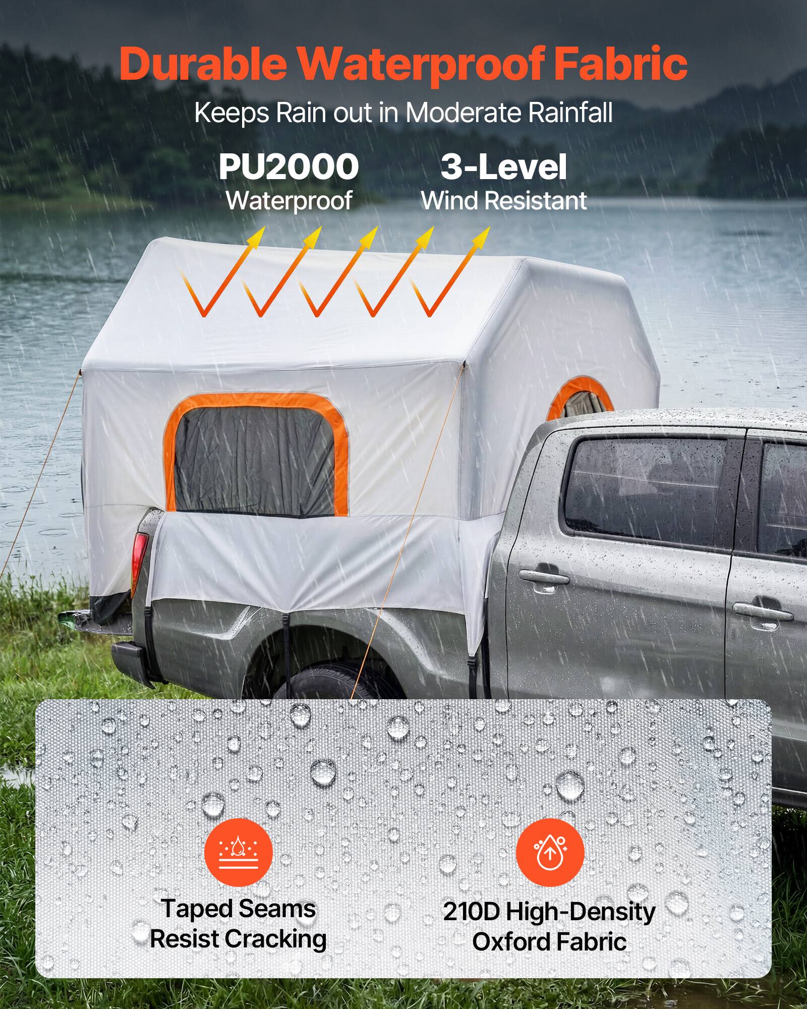 Durable Waterproof Fabric Keeps Rain out in Moderate Rainfall  
PU2000 3-Level Waterproof Wind Resistant  
Taped Seams Resist Cracking  
210D High-Density Oxford Fabric