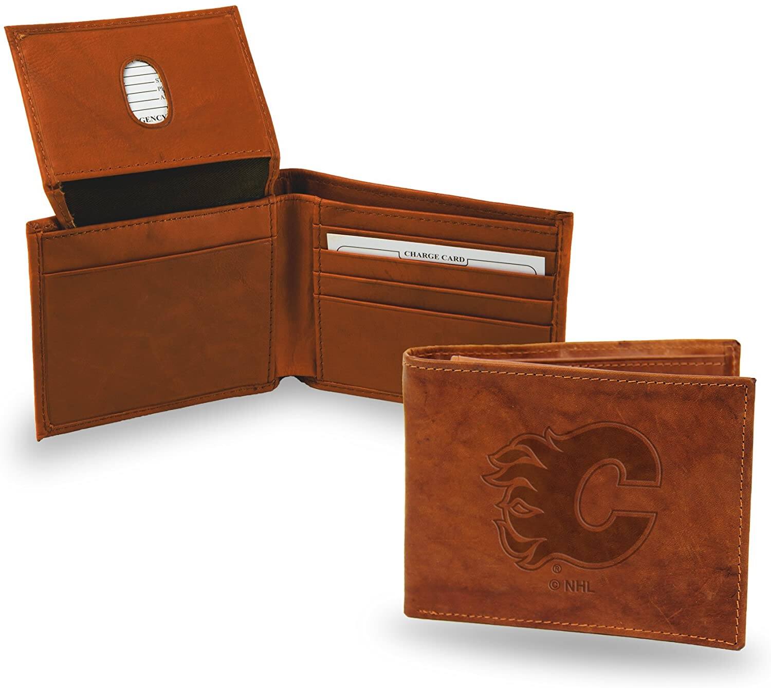 Rico Industries - Calgary Flames Brown Leather Embossed Bifold Passcase Wallet - Multi