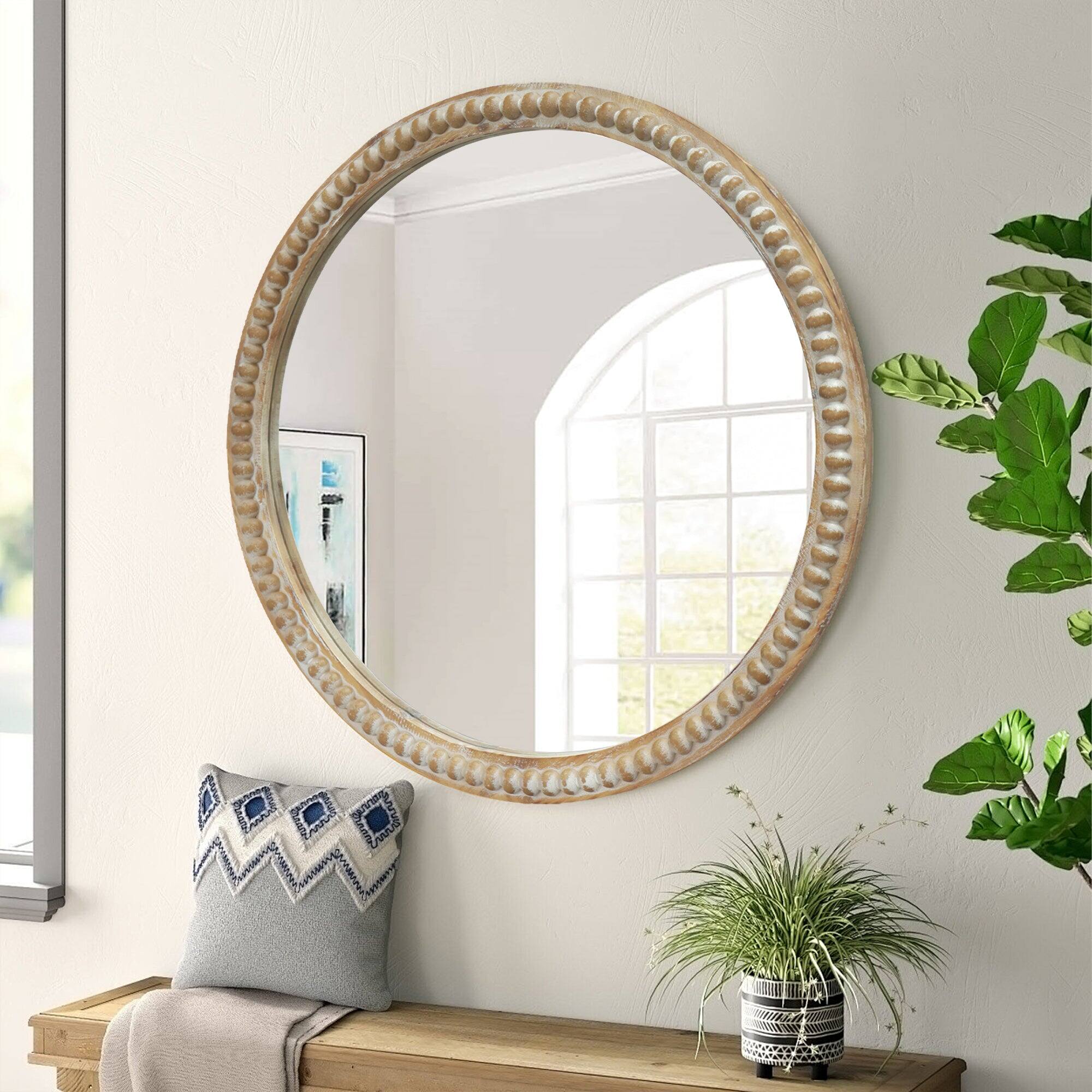 Alt View 4. BreeBe - 23.62 in Round Decorative Wall Mirror Distressed Wood Beaded Frame for Entryway Living Room Bathroom Farmhouse Style - Natural Wood.