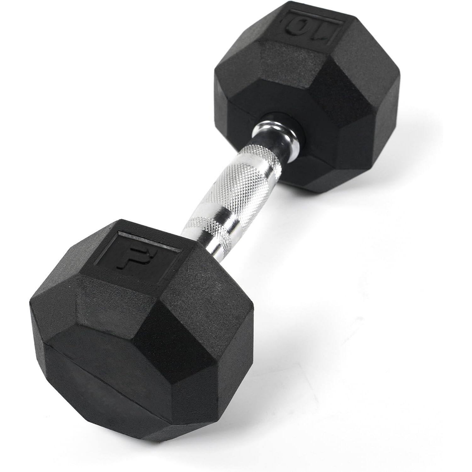 Front. Power Systems - Octagonal Dumbbell, 45 lbs Rubber Coated Dumbbell Weight (Single Dumbbell) - Black,Silver.