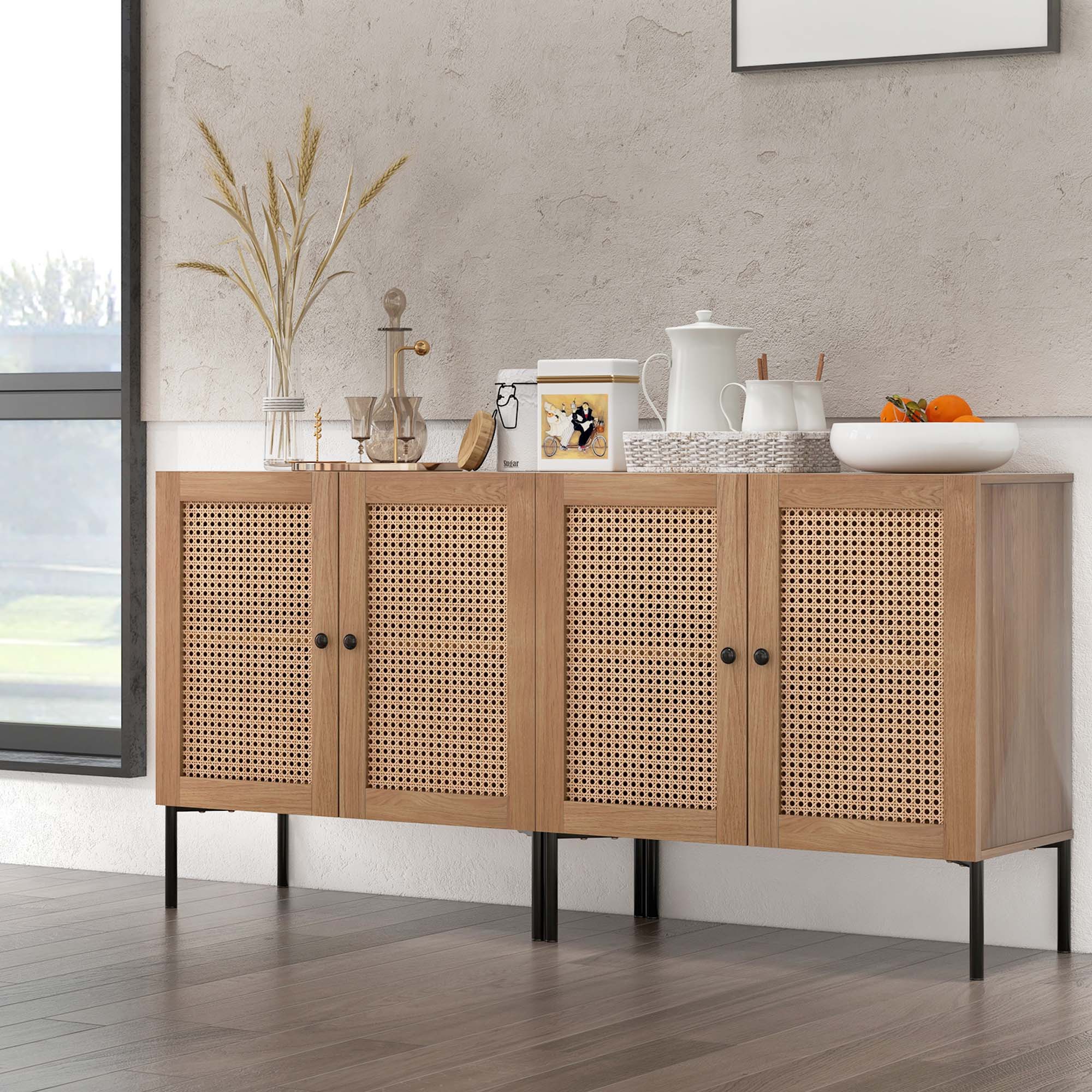 Alt View 4. Costway - Costway Set of 2 Rattan Buffet Sideboard Wine Cabinet Cupboard w/ Adjustable Shelf - Oak.