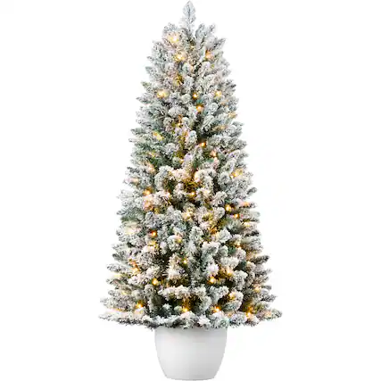 Front. Best Choice Products - Best Choice Products Pre-Lit Potted Flocked Christmas Tree, 4.5ft Classic Artificial Holiday Decor, w/175 White LEDs - Flocked White.