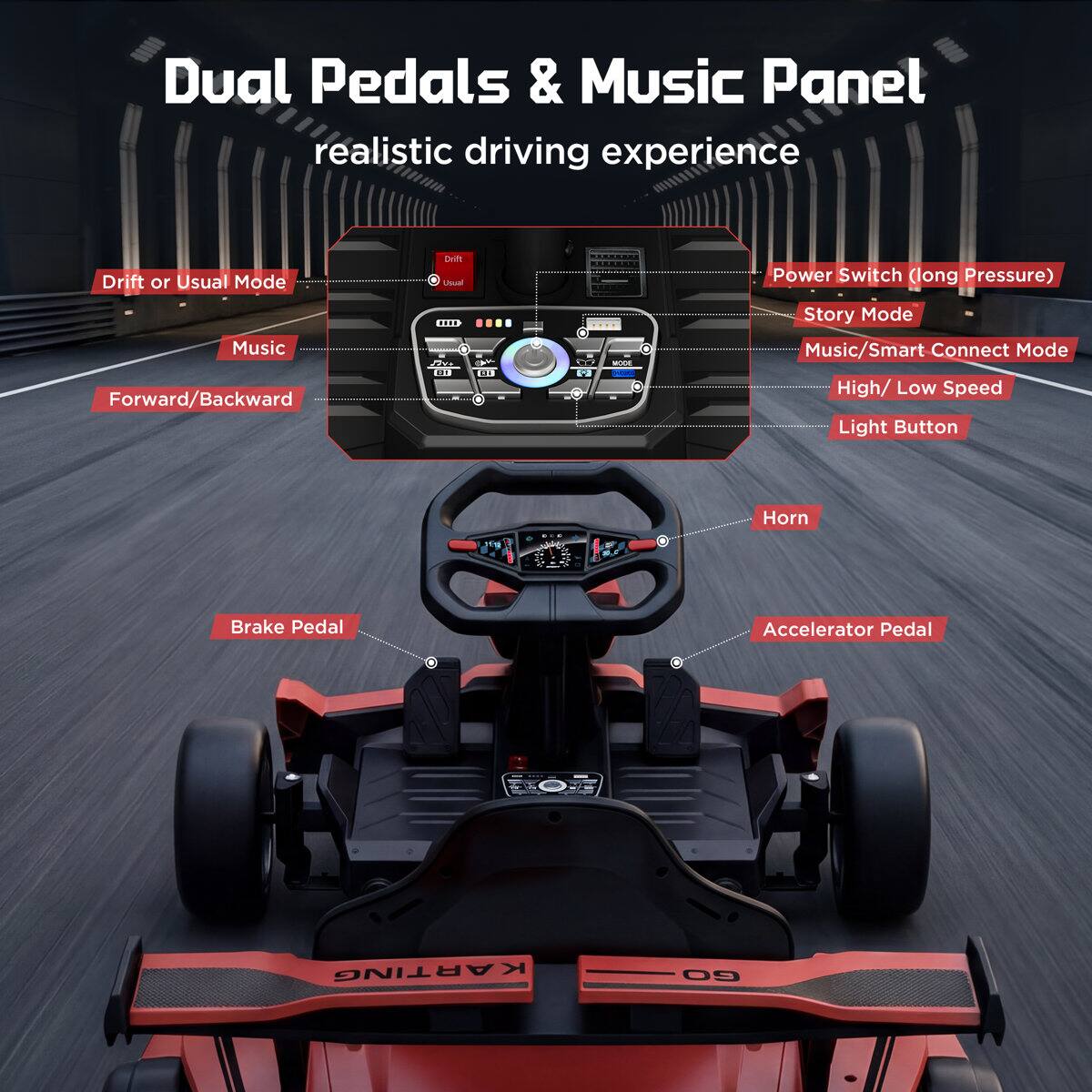 Dual Pedals & Music Panel realistic driving experience

Drift or Usual Mode
Drift Usual

Power Switch (long Pressure)

Music Forward/Backward

Story Mode Music/Smart Connect Mode High/ Low Speed Light Button

Horn

Brake Pedal

Accelerator Pedal
