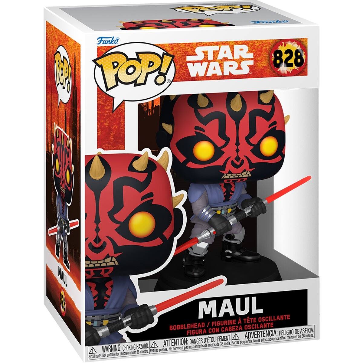 Funko POP! STAR WARS 828 MAUL BOBBLEHEAD / FIGURA CON CABEZA OSCILANTE  
ADVERTENCIA: PELIGRO DE ASFIXIA  
ATTENTION: DANGER D'ÉTOUFFEMENT  
WARNING: CHOKING HAZARD  
Not suitable for children under 36 months  
No conviene para menores de 36 meses