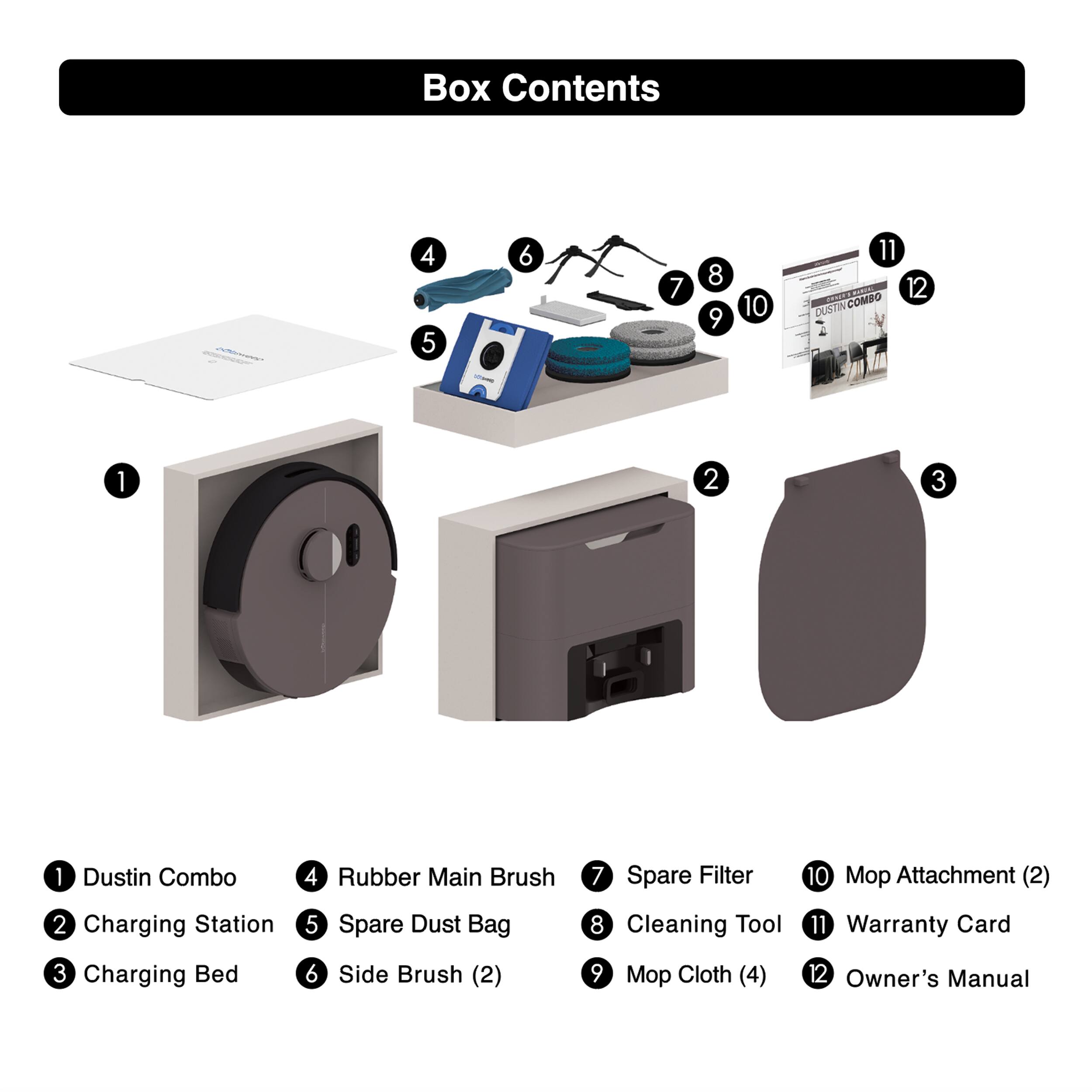 Box Contents

1. Dustin Combo
2. Charging Station
3. Charging Bed
4. Rubber Main Brush
5. Spare Dust Bag
6. Side Brush (2)
7. Spare Filter
8. Cleaning Tool
9. Mop Cloth (4)
10. Mop Attachment (2)
11. Warranty Card
12. Owner's Manual