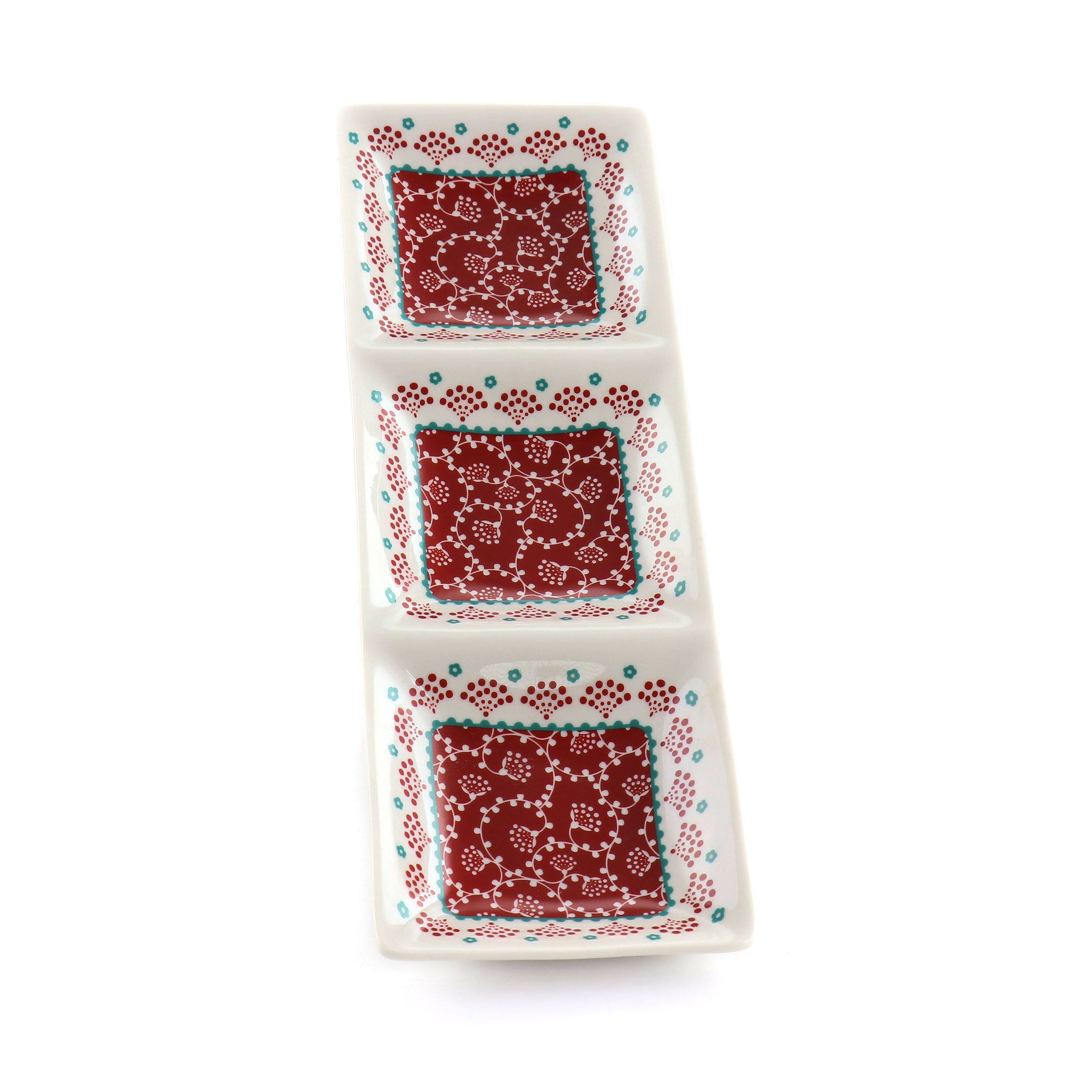 Alt View 1. Gibson - Gibson Home Village Vines 13.5 Inch Ceramic Rectangular 3 Section Tray in Red - Red.