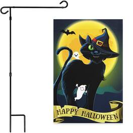 G128 - Combo Pack: 36 x 16 in Metal Garden Flag Stand & 12 x 18 in Happy Halloween Cat Moon Garden Flag - Assorted Colors