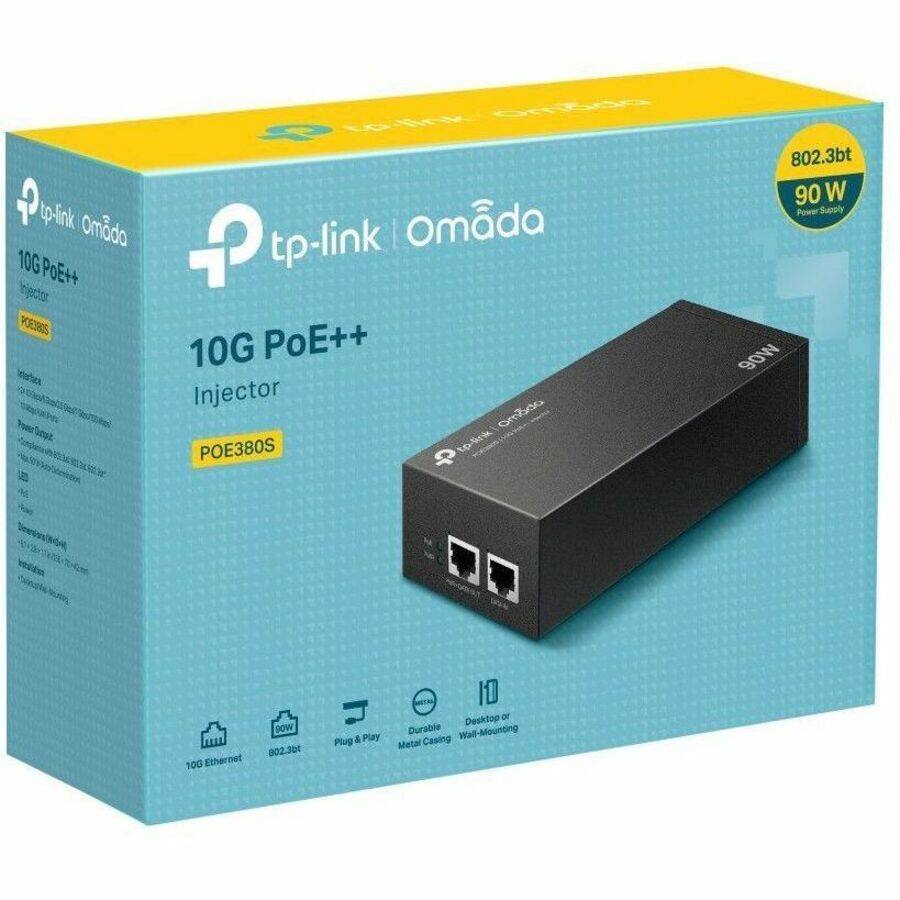 tp-link Omada 10G PoE++ Injector POE380S  
802.3bt 90W Power Supply  
10G Ethernet  
Plug & Play  
Durable Metal Casing  
Desktop or Wall-Mounting