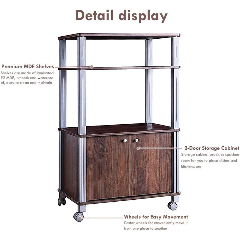 Detail display

Premium MDF Shelves  
Shelves are made of laminated P2 MDF, smooth and waterproof, easy to clean and maintain

2-Door Storage Cabinet  
Storage cabinet provides spacious room for you to place dishes and kitchenware

Wheels for Easy Movement  
Caster wheels for conveniently move it from one place to another