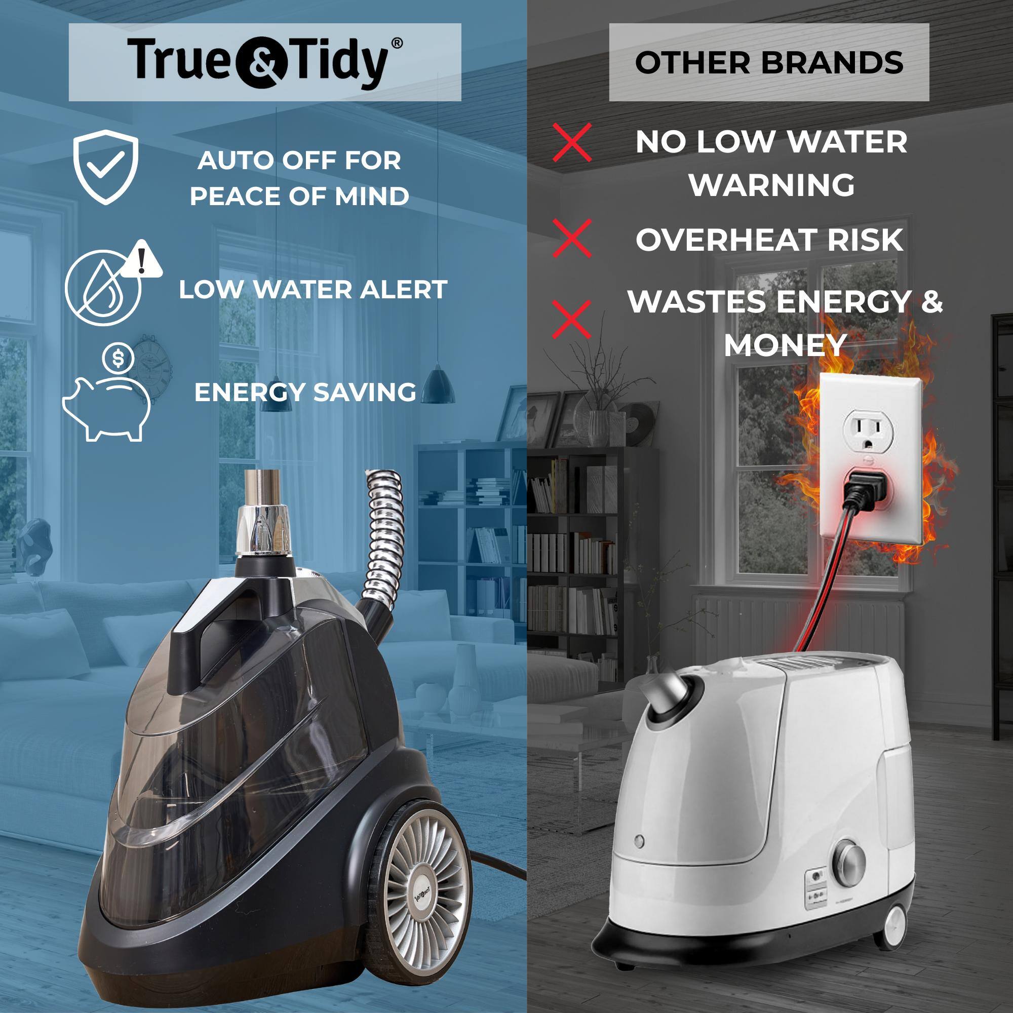 True & Tidy

AUTO OFF FOR PEACE OF MIND  
LOW WATER ALERT  
ENERGY SAVING

OTHER BRANDS  
NO LOW WATER WARNING  
OVERHEAT RISK  
WASTES ENERGY & MONEY