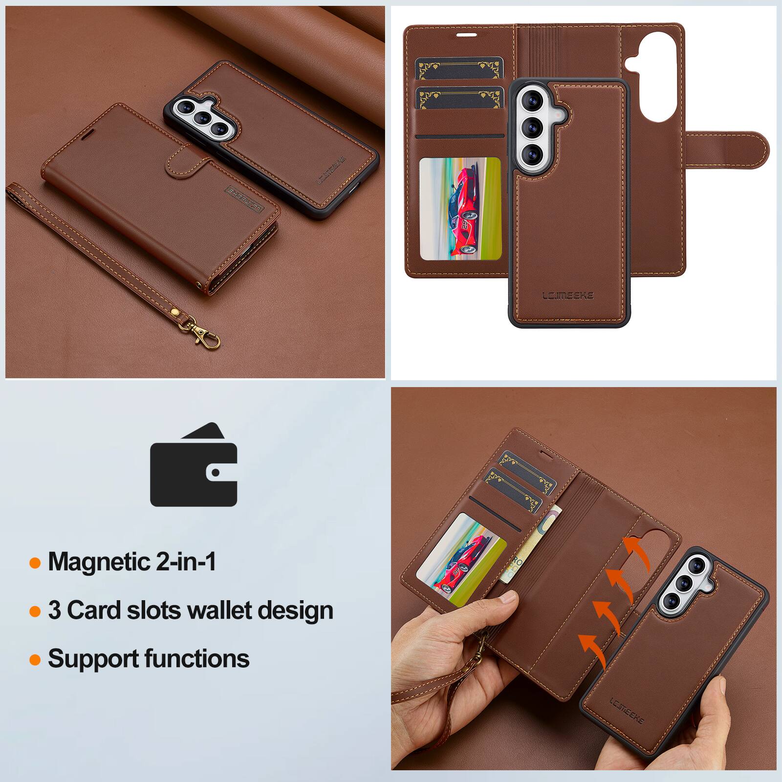 LEMEEKE  
Magnetic 2-in-1  
3 Card slots wallet design  
Support functions