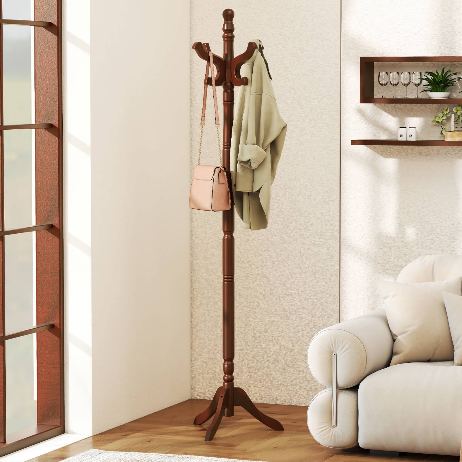 Alt View 1. Costway - Costway Solid Rubber Wood Coat Rack with 3 Adjustable Heights and 11 Hooks for Hallway - Brown.