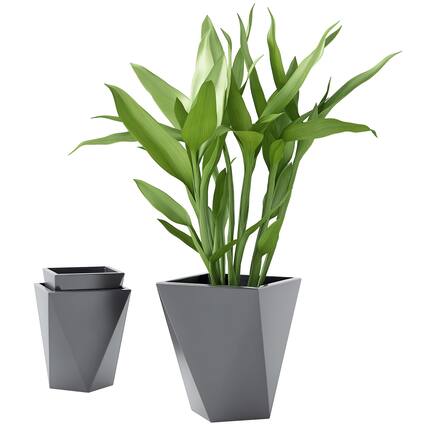 Front. Outsunny - Set of 3 Tall Planters, 18", 15.25", 11.75", MgO Indoor Outdoor Planters with Drainage Holes, Stackable Flower Pots - Gray.