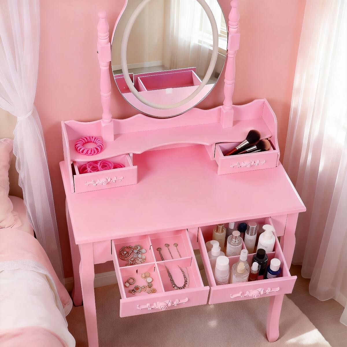 Alt View 2. Loheer - Loheer Pink Makeup Vanity Desk with LED Light Mirror and Cushioned Stool, Four Drawers - Pink.
