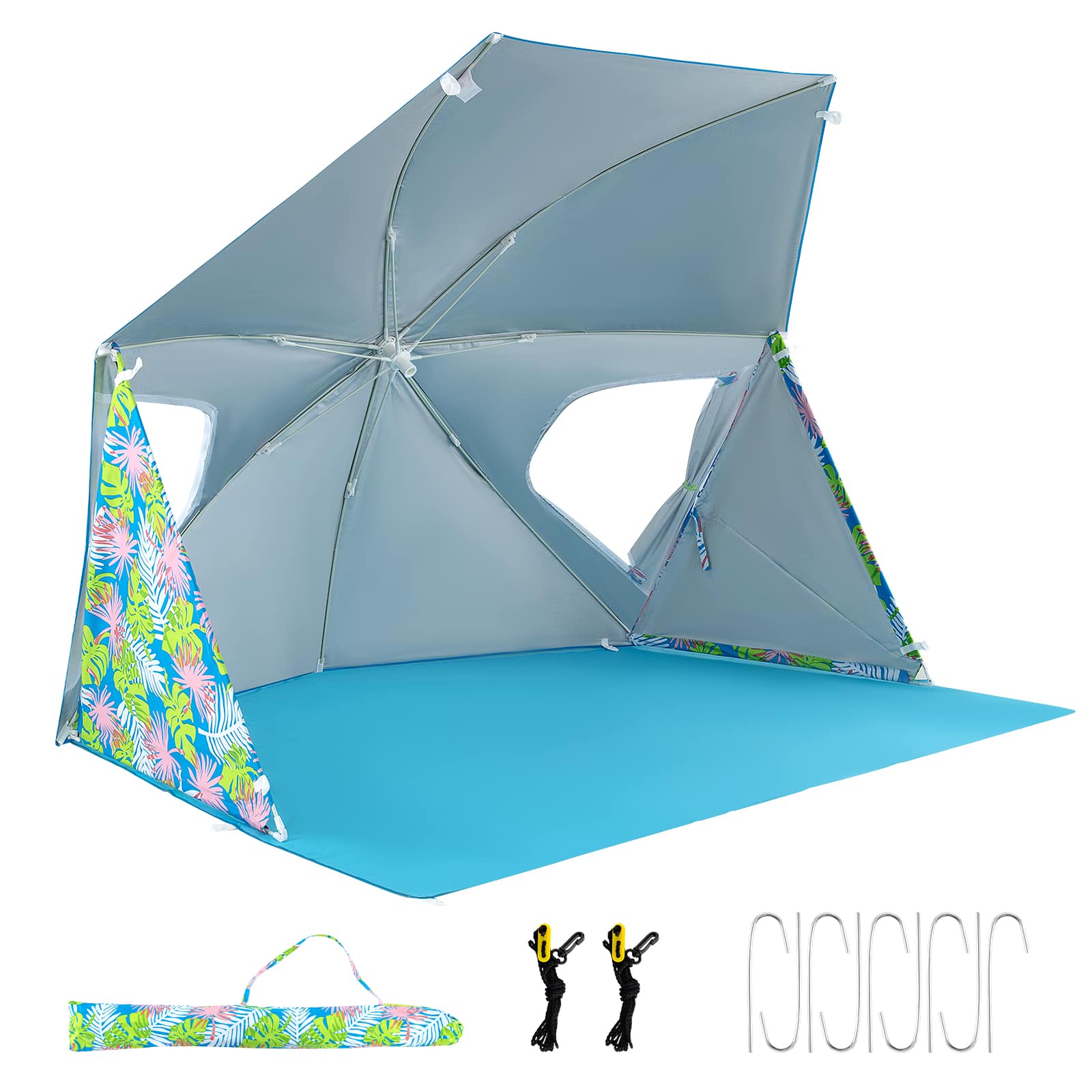Costway - Portable Beach Tent for 2-4 People 2-In-1 Sun Canopy with Floor Roll-Up Windows Dual Side Flaps Carry Bag - Multicolour