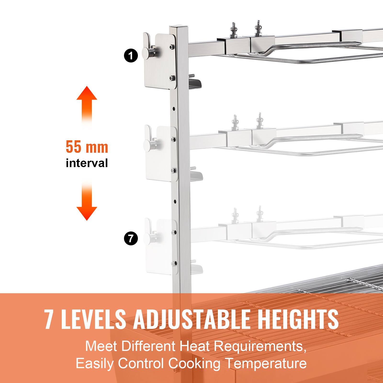 1 55 mm interval
7 7 LEVELS ADJUSTABLE HEIGHTS
Meet Different Heat Requirements, Easily Control Cooking Temperature