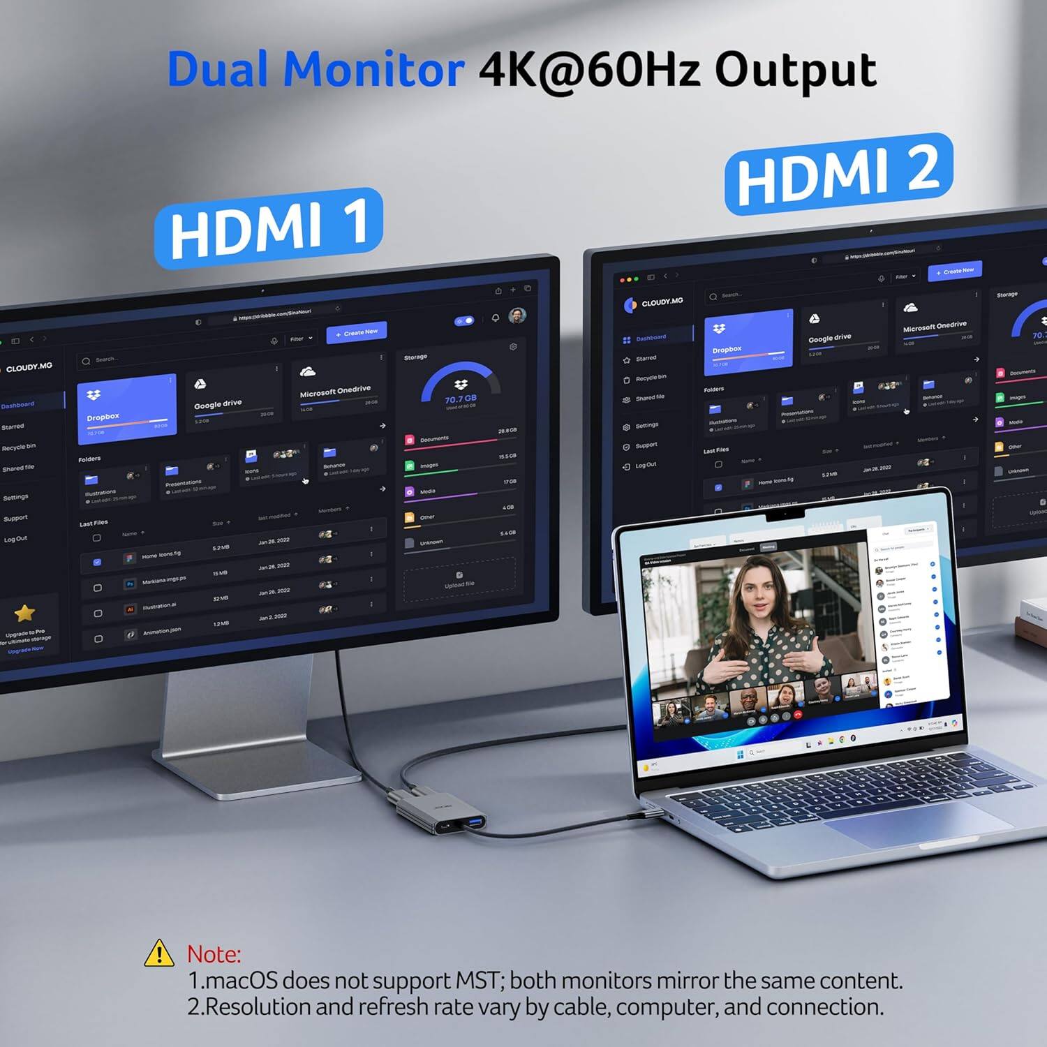 Dual Monitor 4K@60Hz Output

HDMI 1

HDMI 2

Note:
1. macOS does not support MST; both monitors mirror the same content.
2. Resolution and refresh rate vary by cable, computer, and connection.