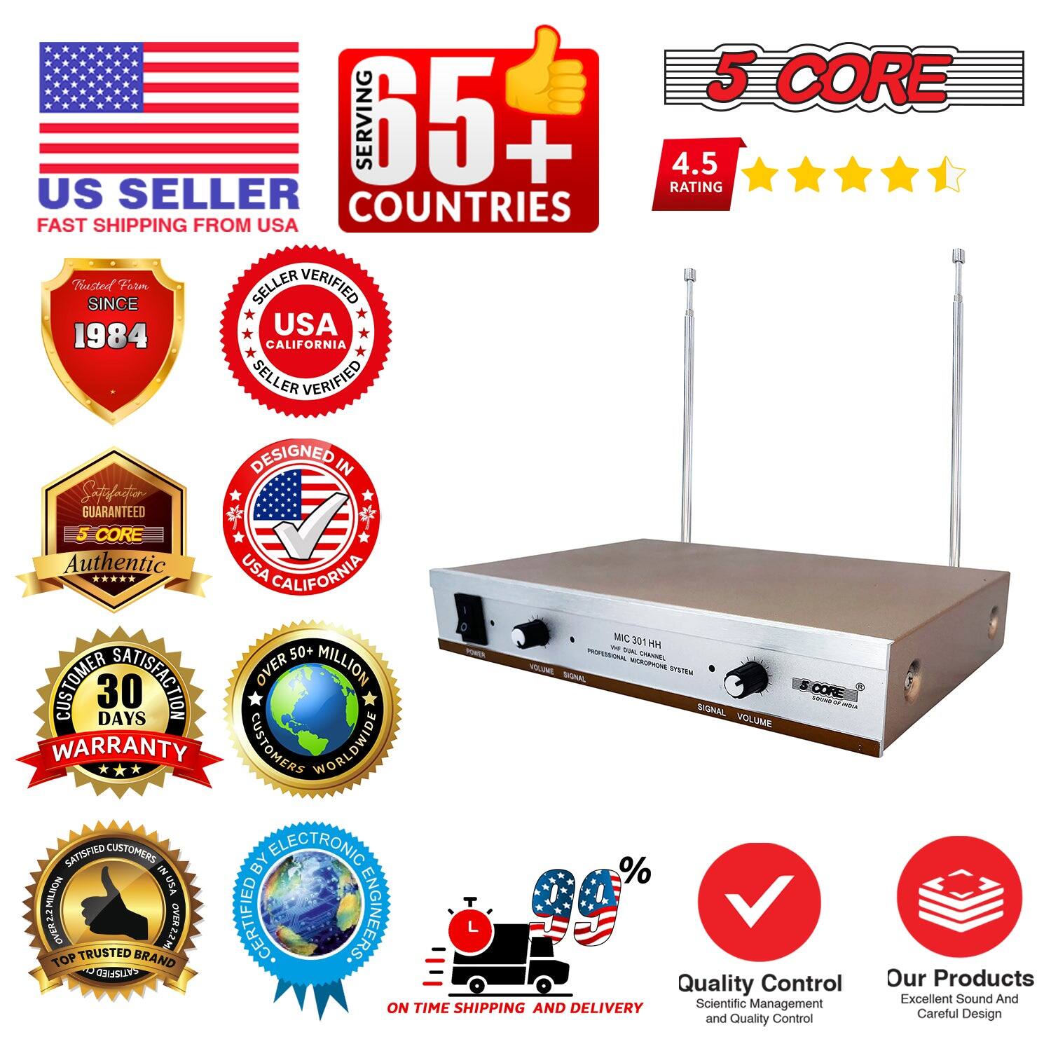Here is the corrected and grouped text from the image:

---

**5 CORE SERVING**

- **65+** countries
- **4.5** rating
- **US seller**
- **Fast shipping from USA**

**Seller Verified**
- **Since 1984**
- **USA California**

**Designed in USA**

**Guaranteed**
- **5 core authentic**
- **USA California**

**Mic 301 - HH 50+**
- **Professional**
- **Unlimited volume**
- **System**

**30 days warranty**
- **Customers worldwide satisfied**
- **Over 1 million customers**

**Top trusted brand**
- **Quality control products**
- **Scientific and excellent sound**
- **On-time shipping and delivery**

**Management and control**
- **Careful design quality**

---

This text highlights the key features and assurances of the product and seller.