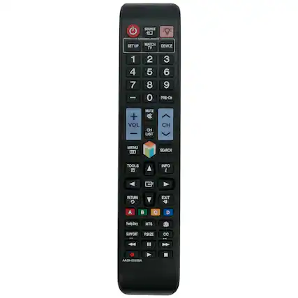SOURCE - UNIVERSAL REMOTE
SET UP WATCH DEVICE TV
1 2 3 4 5 6 7 8 9 0
PRE-CH MUTE + VOL CH LIST CH MENU ... SEARCH TOOLS INFO i RETURN G EXIT d A B C D
Family Stry MTS .. SUPPORT P.SIZE cC .
AA59-0055BA