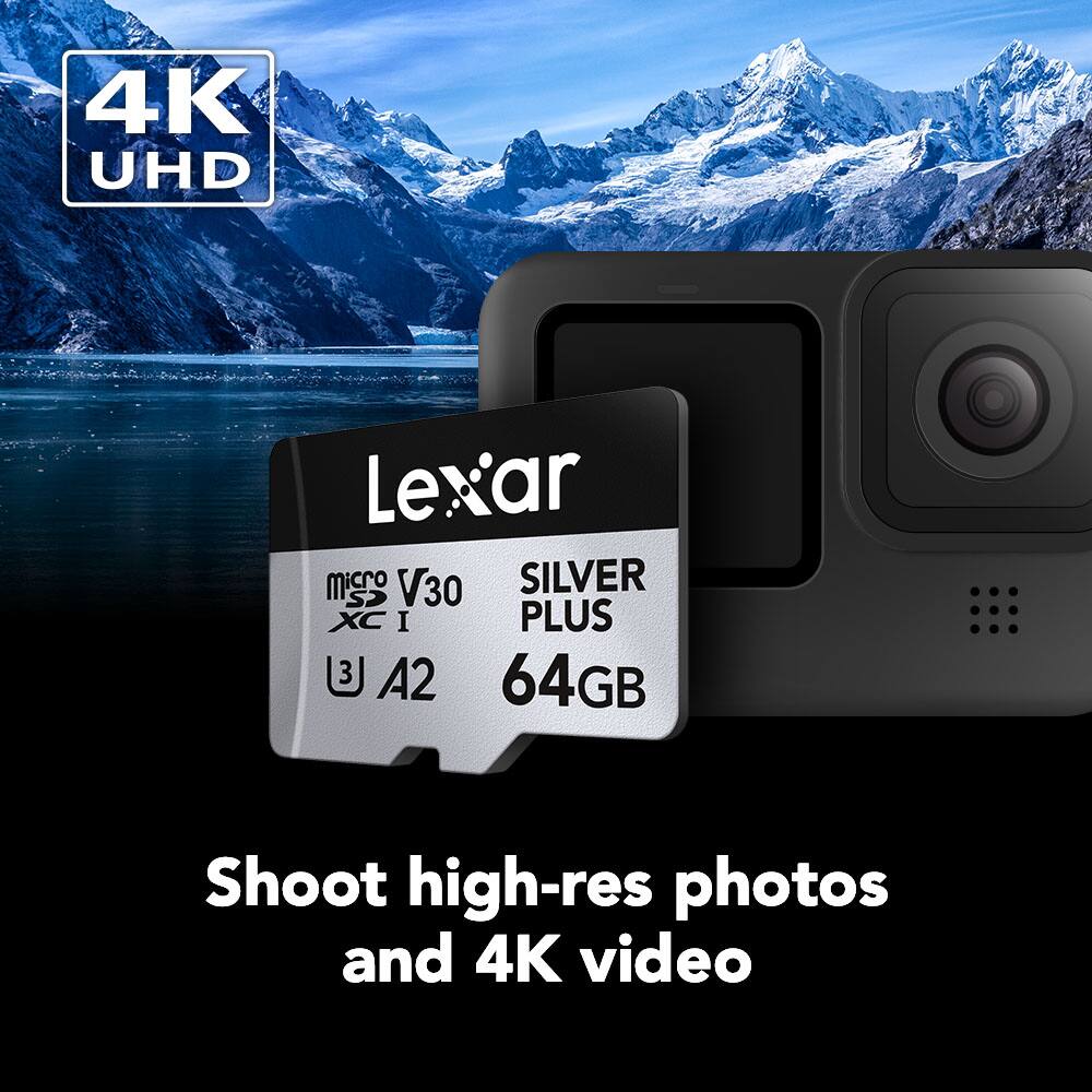 4K UHD Lexar microSD V30 SILVER PLUS XC I A2 64GB Shoot high-res photos and 4K video