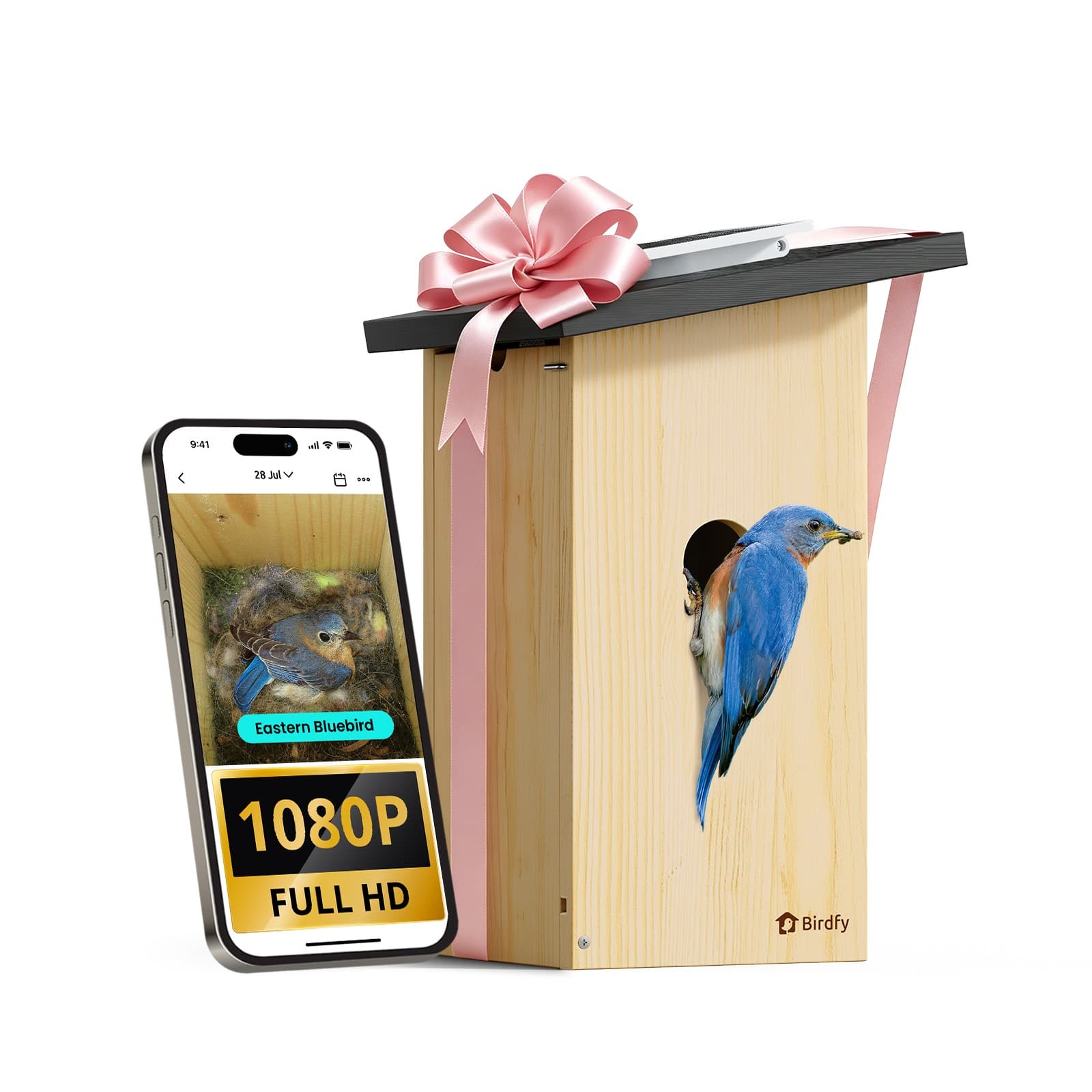 BIRDFY - Smart Bird House Camera Ebony, AI Bird ID(7-Day Free Trial), Solar Panel, Gift for Bird Lovers&Outdoor Birdwatching - Natural Wood Finish & Black