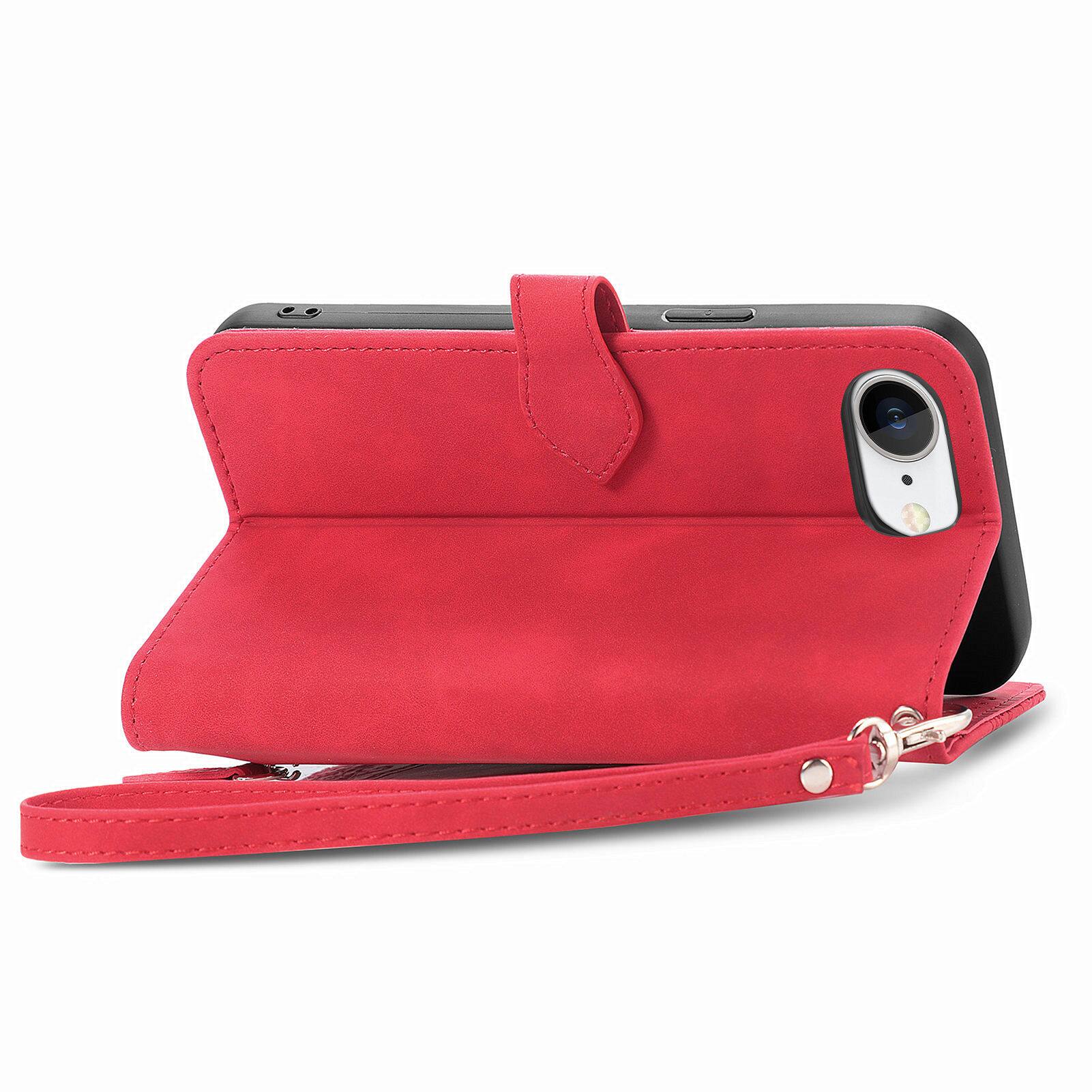 Left. Dteck - for Apple iPhone 17e / 16e Wallet Case,Folio Shockproof PU Leather Card Holder Cover with Zipper Pocket & Wrist Strap - Red.