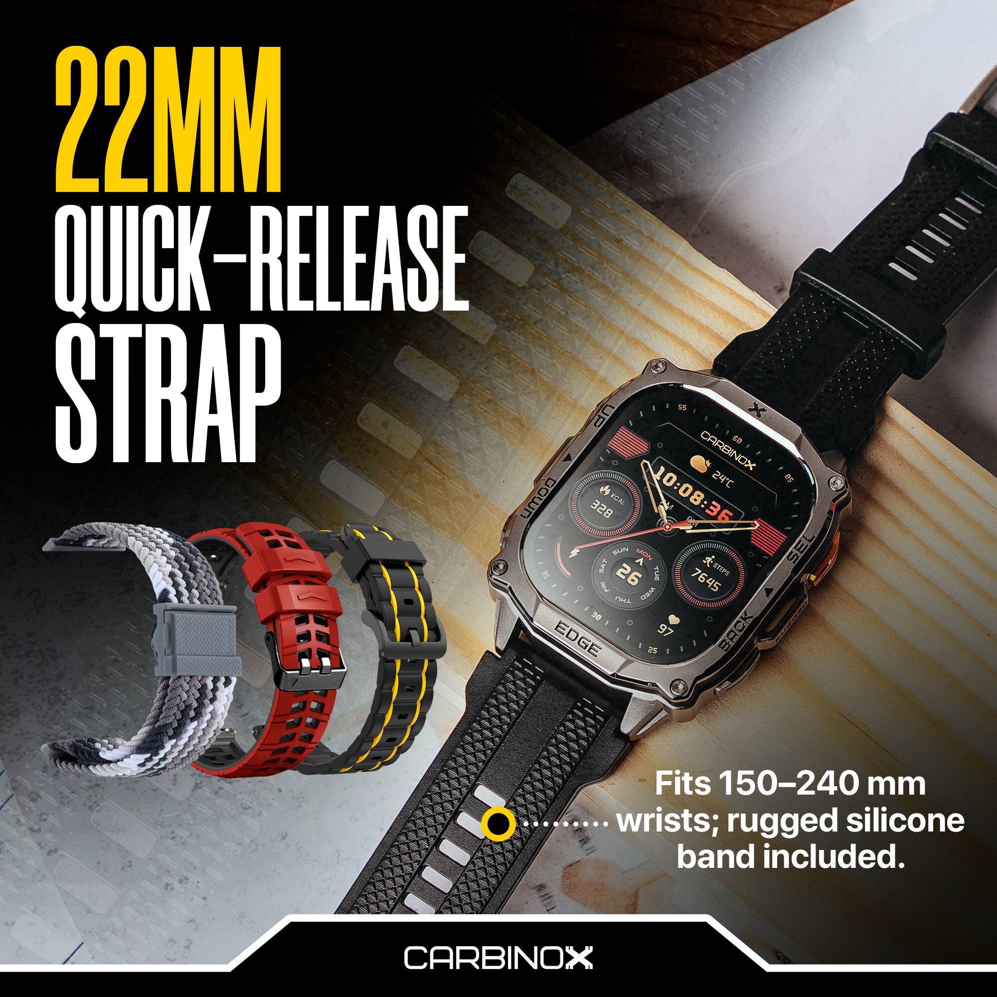 22MM QUICK-RELEASE STRAP

Fits 150-240 mm wrists; rugged silicone band included.

CARBINOX