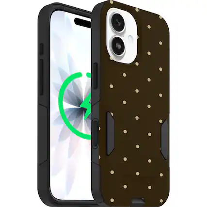 Front. OtterBox - Artist Edition MagSafe Commuter Series Case for iPhone 17 - Espresso Polka Dots.