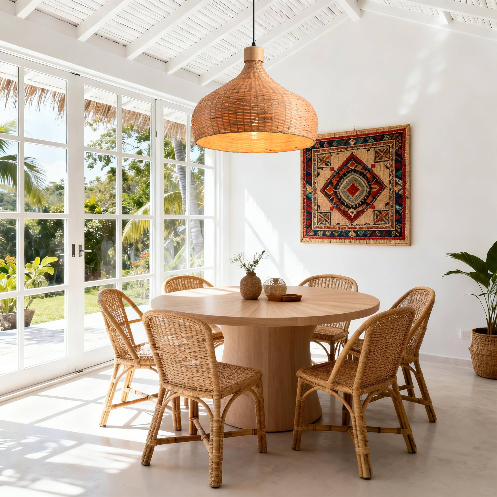 Left. Parrot Uncle - 1-Light Retro Brown Handmade Bamboo Woven Dome Hanging Pendant Light - Brown.