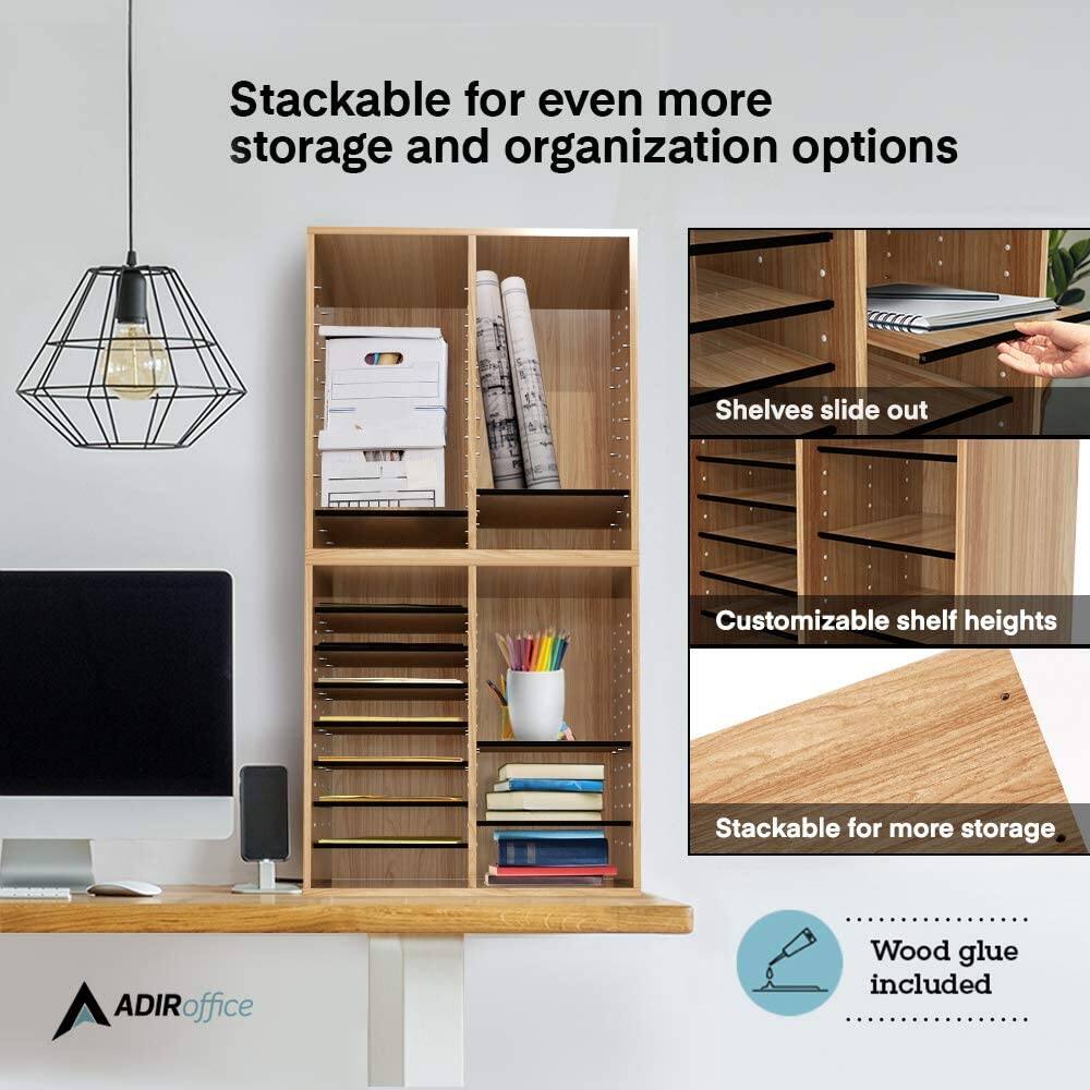 Stackable for even more storage and organization options
Shelves slide out
Customizable shelf heights
Stackable for more storage
ADIRoffice
Wood glue included