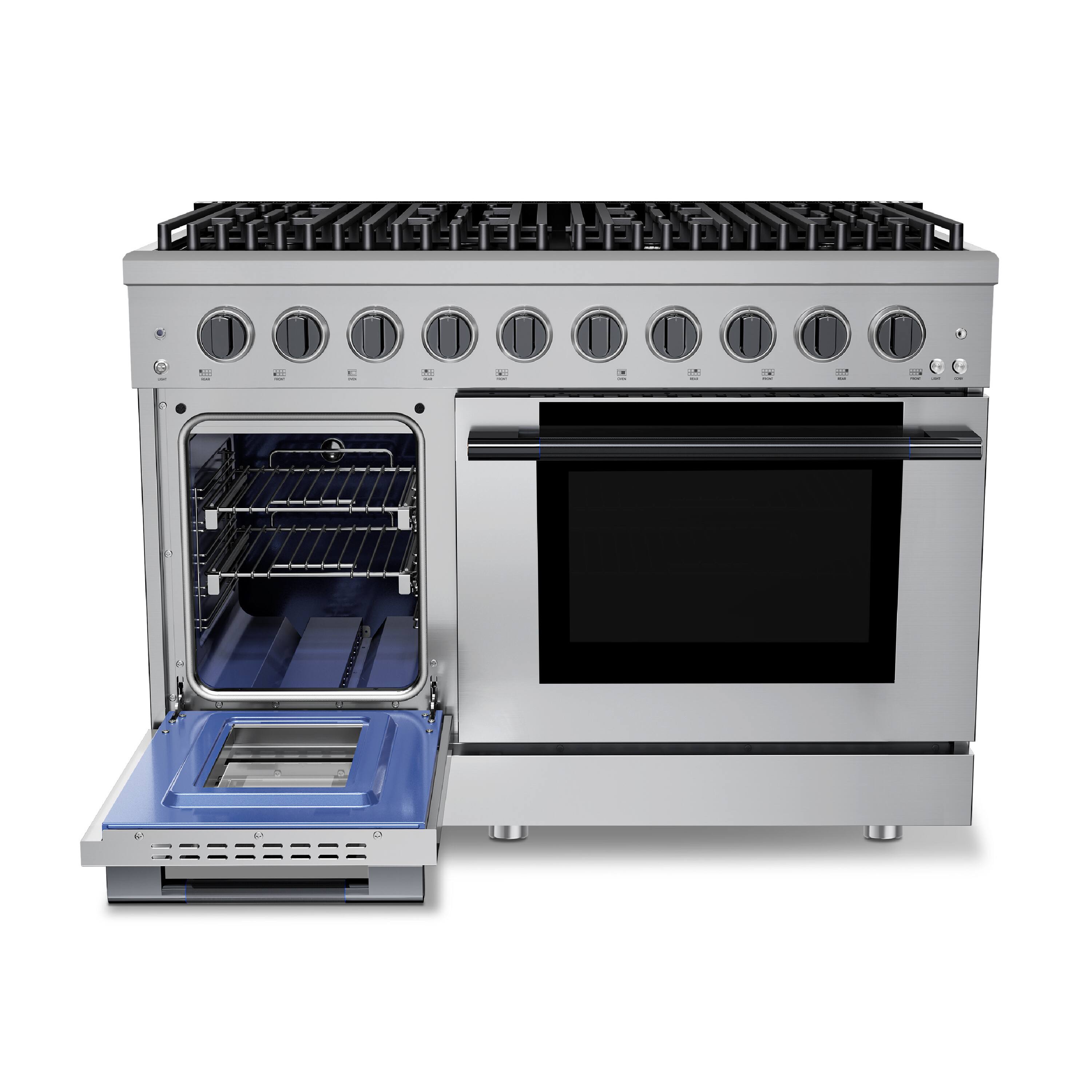 Angle. Hauslane - HausPro 48 in. 8 Burners Gas Range in Black Stainless Steel with 20,000 BTU and Double Oven with 5 Rack Positions - Black Stainless Steel.
