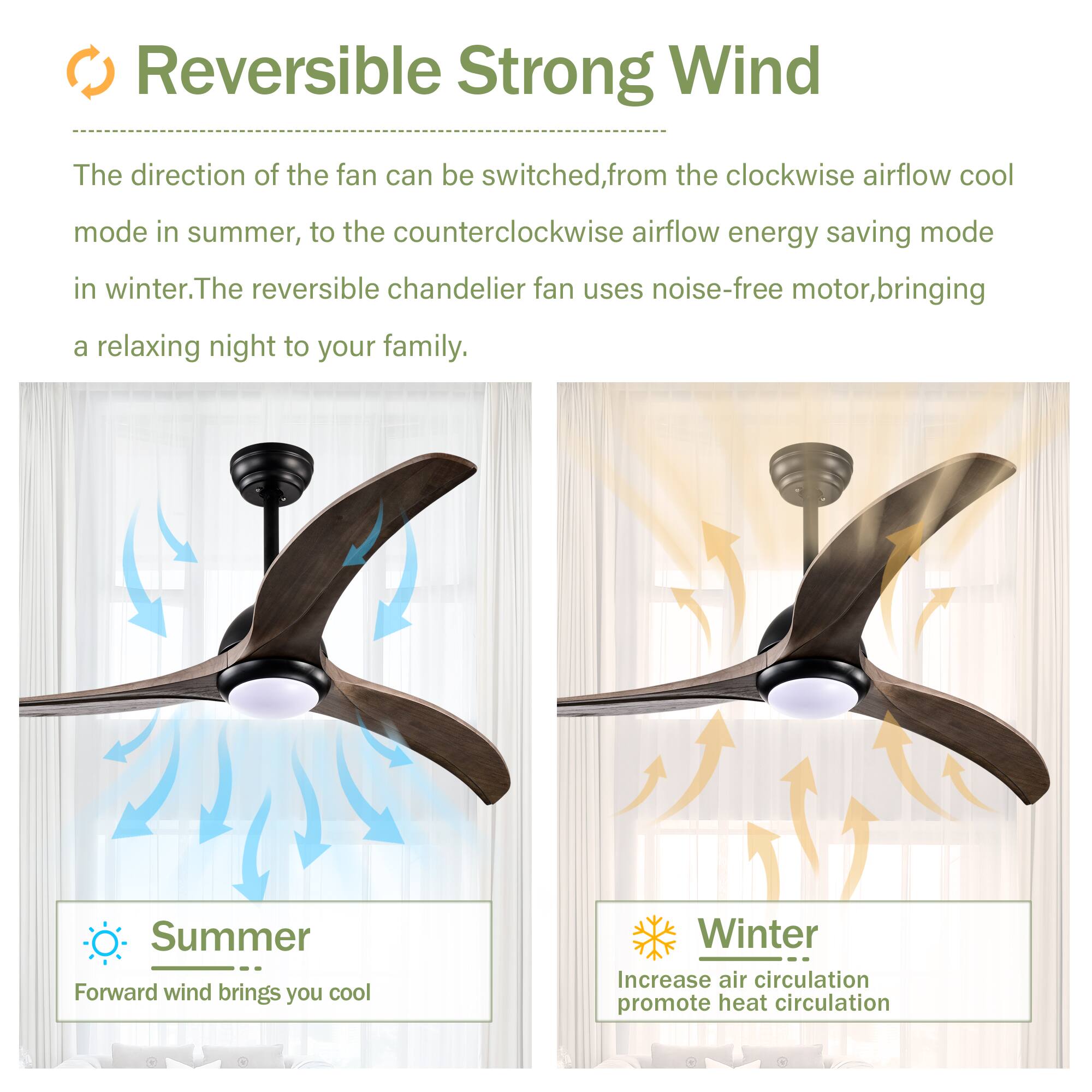 Reversible Strong Wind

The direction of the fan can be switched, from the clockwise airflow cool mode in summer, to the counterclockwise airflow energy saving mode in winter. The reversible chandelier fan uses noise-free motor, bringing a relaxing night to your family.

Summer  
Forward wind brings you cool

Winter  
Increase air circulation promote heat circulation