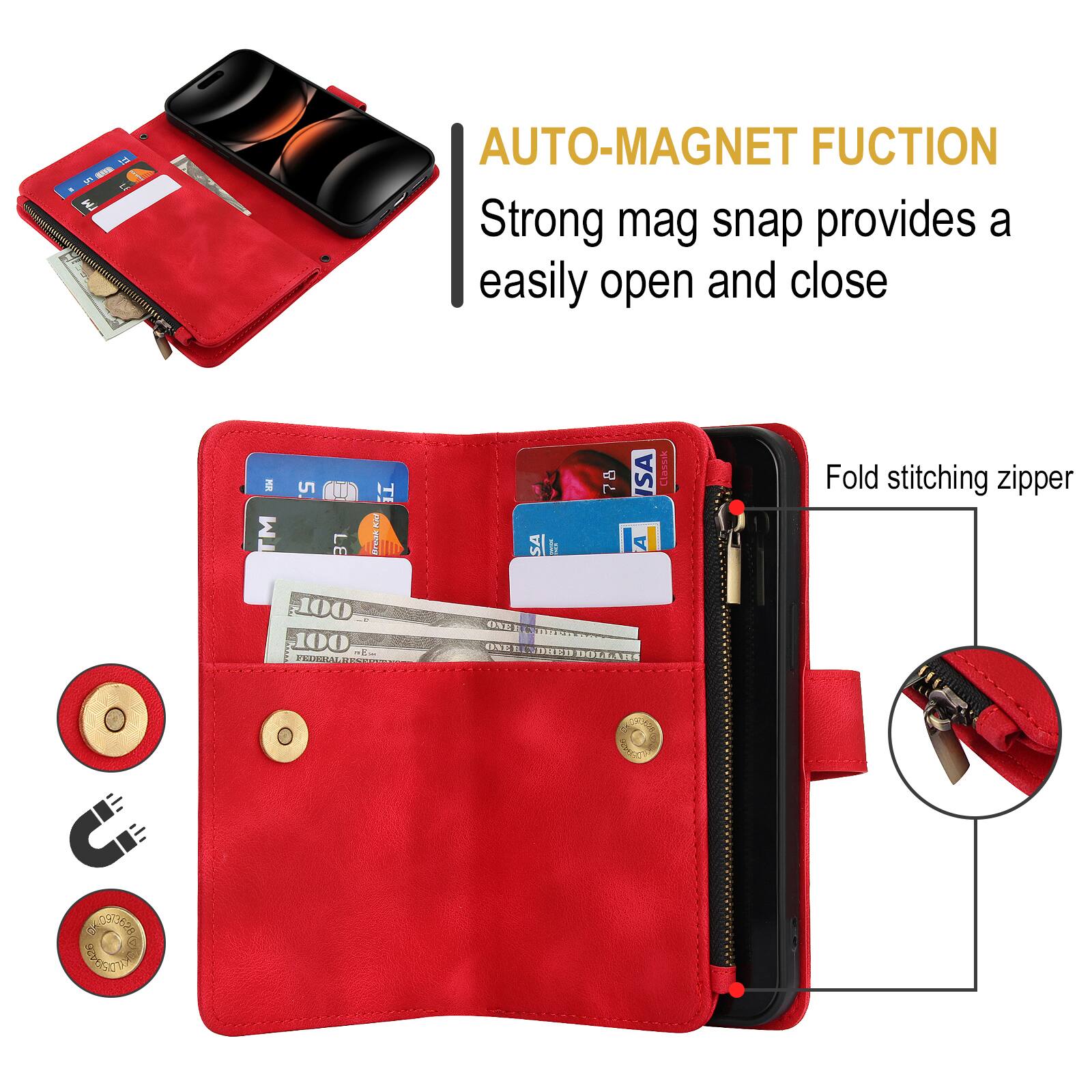 AUTO-MAGNET FUNCTION  
Strong mag snap provides a easily open and close  

Fold stitching zipper