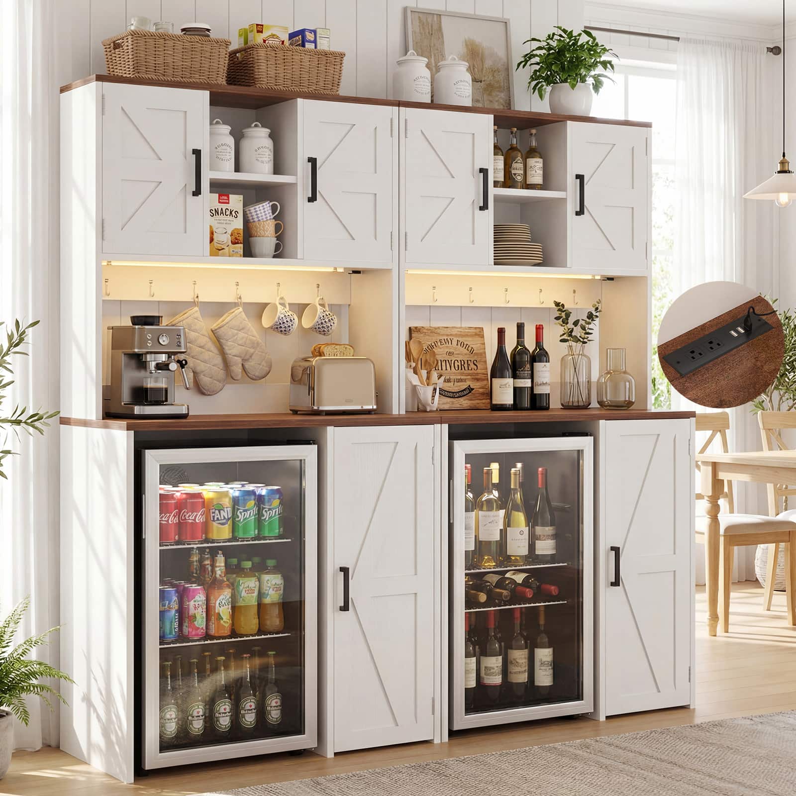 Aheaplus - 2-Pack 74" All-in-One Beverage Station: Dual Mini Fridge Slots, 10 Charging Ports, LED Lighting, Rustic Storage - White