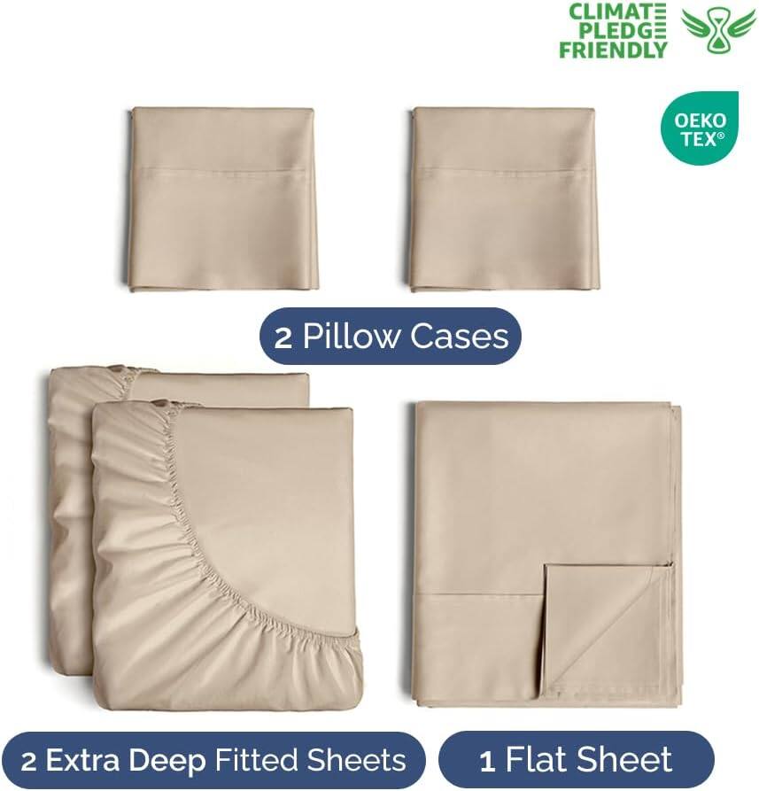 CLIMATE PLEDGE FRIENDLY  
OEKO TEX®  
2 Pillow Cases  
2 Extra Deep Fitted Sheets  
1 Flat Sheet