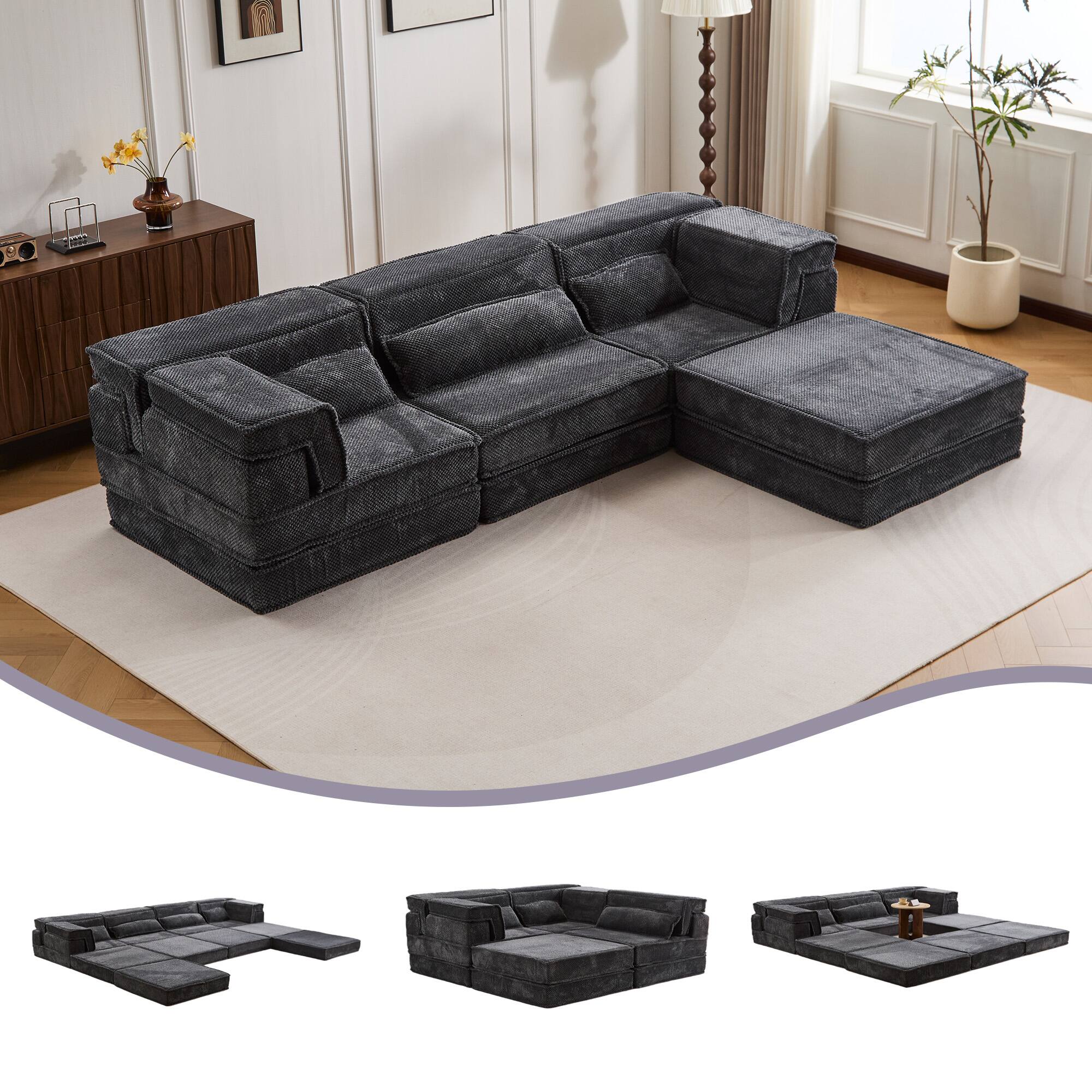 Alt View 4. Whisen - Oversized 3 Seater with 1 Ottoman Modular Floor Sofa Bed, Convertible Circle Fleece Sectional - Dark Gray.